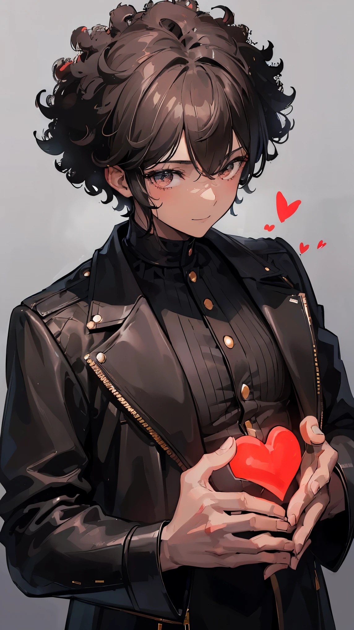 (Man1,black skin,brown eyes),(black hair,afro fade haircut),(black jacket,Holds a red heart between his hands),smile,Highly detailed ,8K wallpapers،Highest quality, high resolution, beautiful lighting, detailed shadow,high resolution،highly detailed,(detailed faces and eyes,realistic eyes)