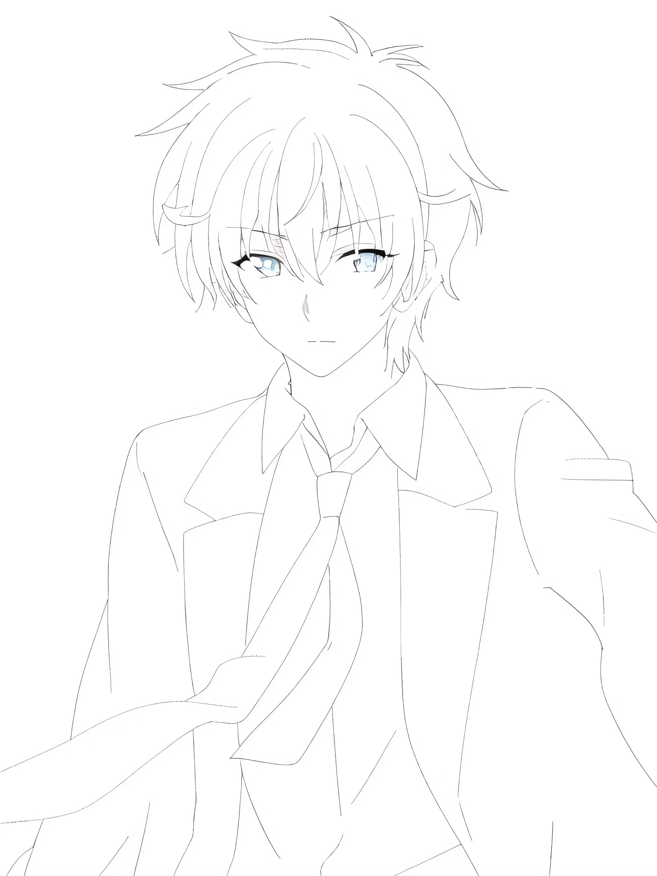 Make the character more detailed like manga, detailed eyes, give color but the color is black and white, handsome guy's eyes, give black hair color,