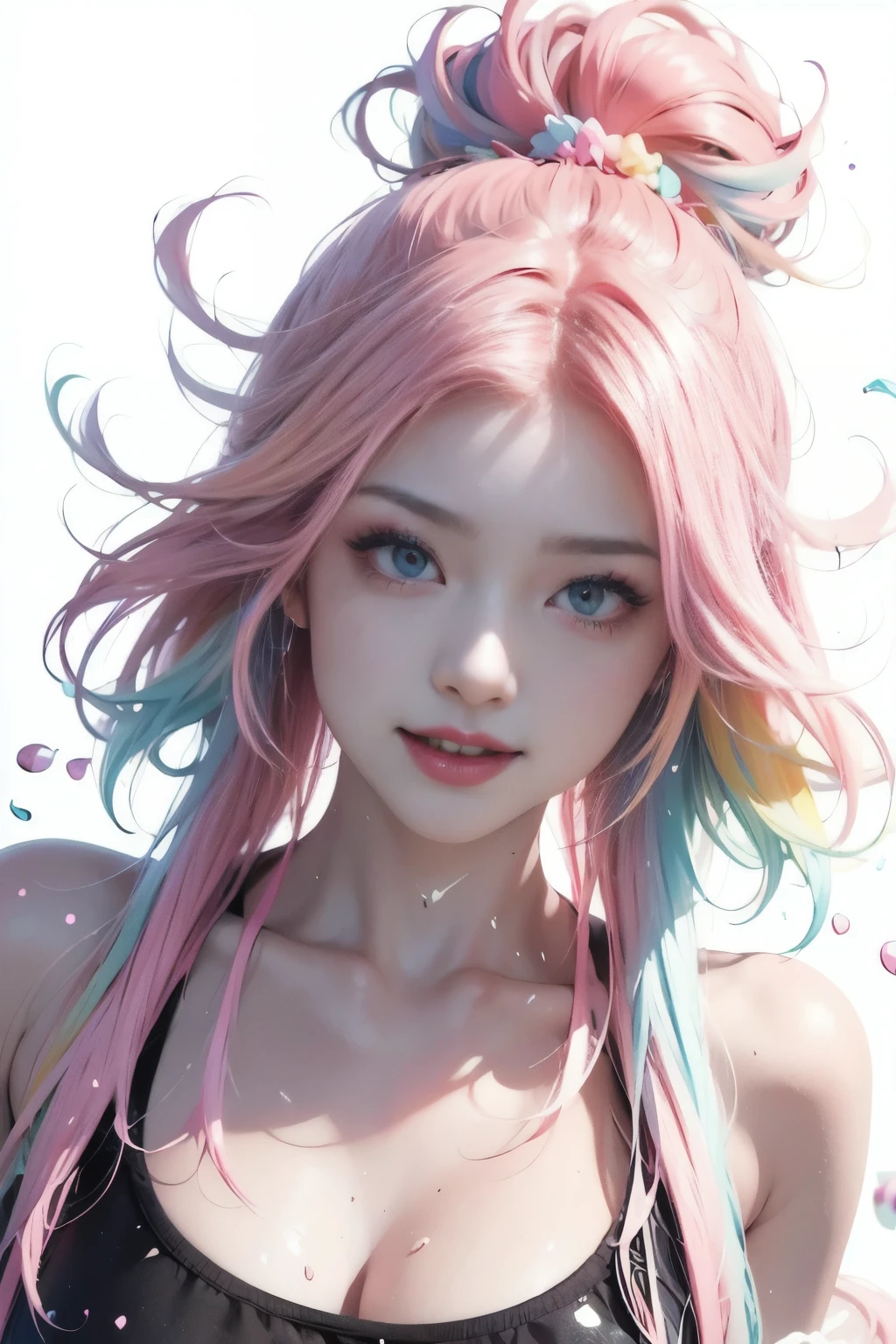 pink hair, sidelocks, hairclip, multicolored eyes, grin, clover hair ornament, ray tracing, anaglyph, anime, perspective, tachi-e, Ultra-Wide Angle, anatomically correct, UHD, best quality, highres, Masterpiece masterpiece, best quality, High resolution), White background, ((Paint splashes, color splash, splash ink, color splash)), sweet chinese girl, rainbow hair, pink lips, front, Upper body