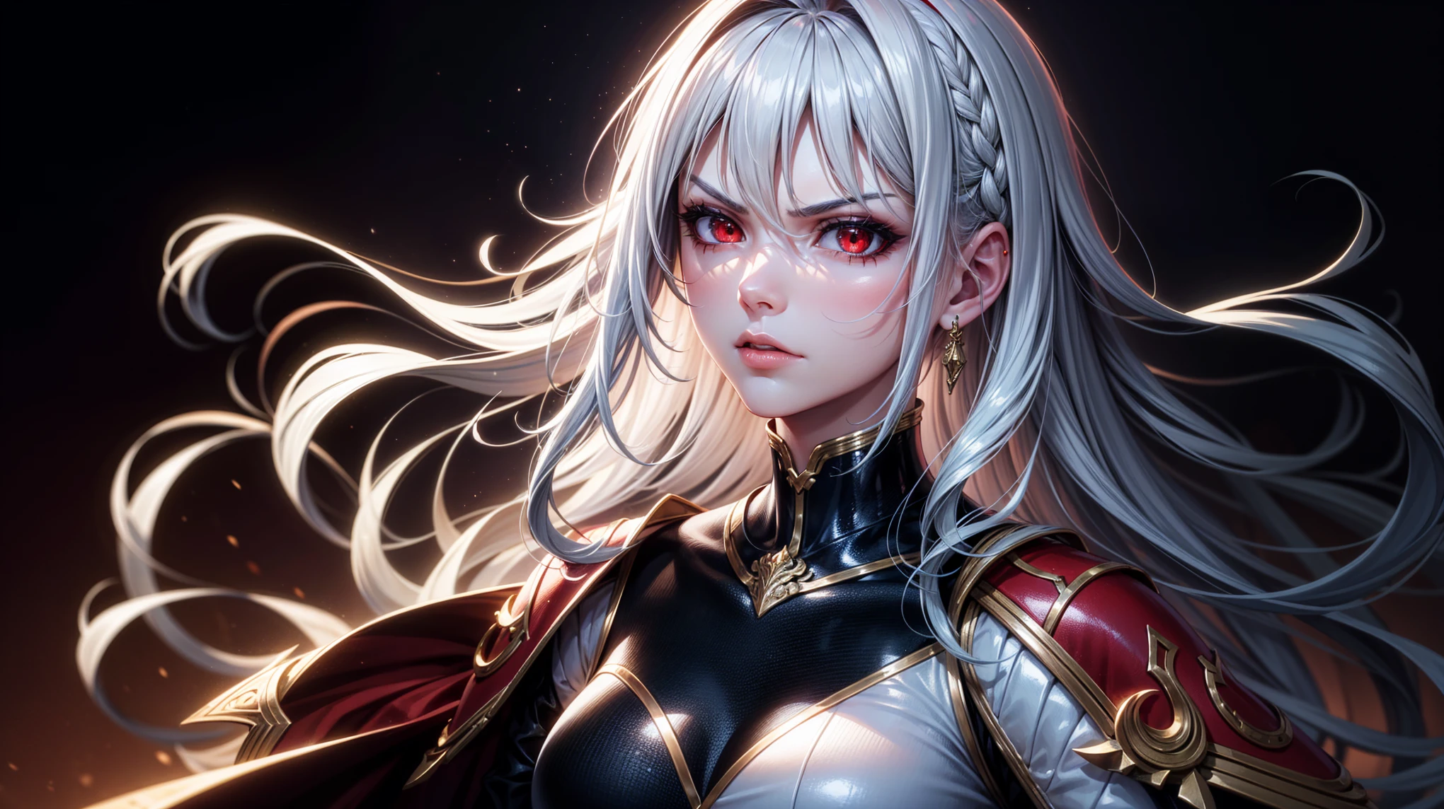 ((best quality)), ((work of art)), (detailed), perfect face, long wavy white hair, shiny hair, red eyes, full lips, villain, serious expression, villain pose, mid shot, portrait, Light Edge, Two-tone Lighting, (High Detail Skin: 1.2), 8K UHD, DSLR, Soft Light, High Quality, Volume Lighting, Candid Photo, High Resolution, 4K, 8K, Background Bokeh, dragon companion