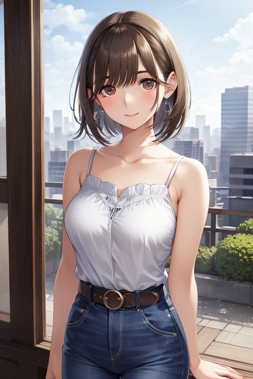 (Highly detailed CG, unity, 8K wallpaper very delicate and beautiful), (masterpiece), (highest quality:1.0), (超A High resolution:1.0), ((Perfect proportion shot:1.0)), beautiful and bright lighting, realistic shadow, [High resolution], 

Round and cute face, Round brown eyes, soft angled eyebrows, 22 years ago, shy, smile, timid, I was scared, ((brown hair)), ((Pixie bob cut very short hair)),  (((medium chest size))), , Tokyo cityscape, brown pastel blouse, sky blue long jeans, ((waist up shot)))
