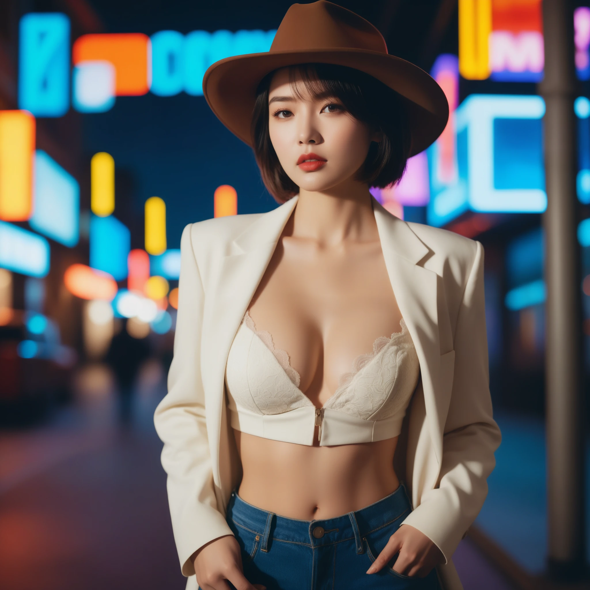 ((masterpiece)),((best quality)),(phot-relistic:1.4),8k,RAW photo,absurdreshyperdetailed,realistic,bokeh,depth of field,(Foreground blur:1.3),Deep Shadow,negative space,Minimalism,film grain,ultra high res,hd,8k,photorealistic,unreal,light shot,horror photography,vintage tone,high contrast,(light theme:1.1),professional photography photos,emptiness,vivid colors,(digital art , vibrant, dreamy , vivid colors,key light,Feathering,(high keylight,)),warm tone,netural lighting,Neon lights, cool lighting,35mm film, trend on mind art,flashing, ,dreams filter, 1girl, (shiny hair, short hair), banners, large breasts, silent, quiet, melody, beautiful, love, (looking at viewer:1.3), detail clothes, thighs, long legs, ((day:1.5)),walking,hand on hip, (cowboy shot:1.3),cityscape,