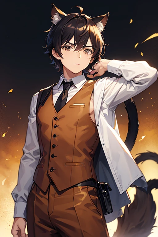 Man, anime, wearing a brown vest suit, has cat ears and tail, wearing shoulder holster, black hair, brown eyes, short hair style, best quality, vintage background