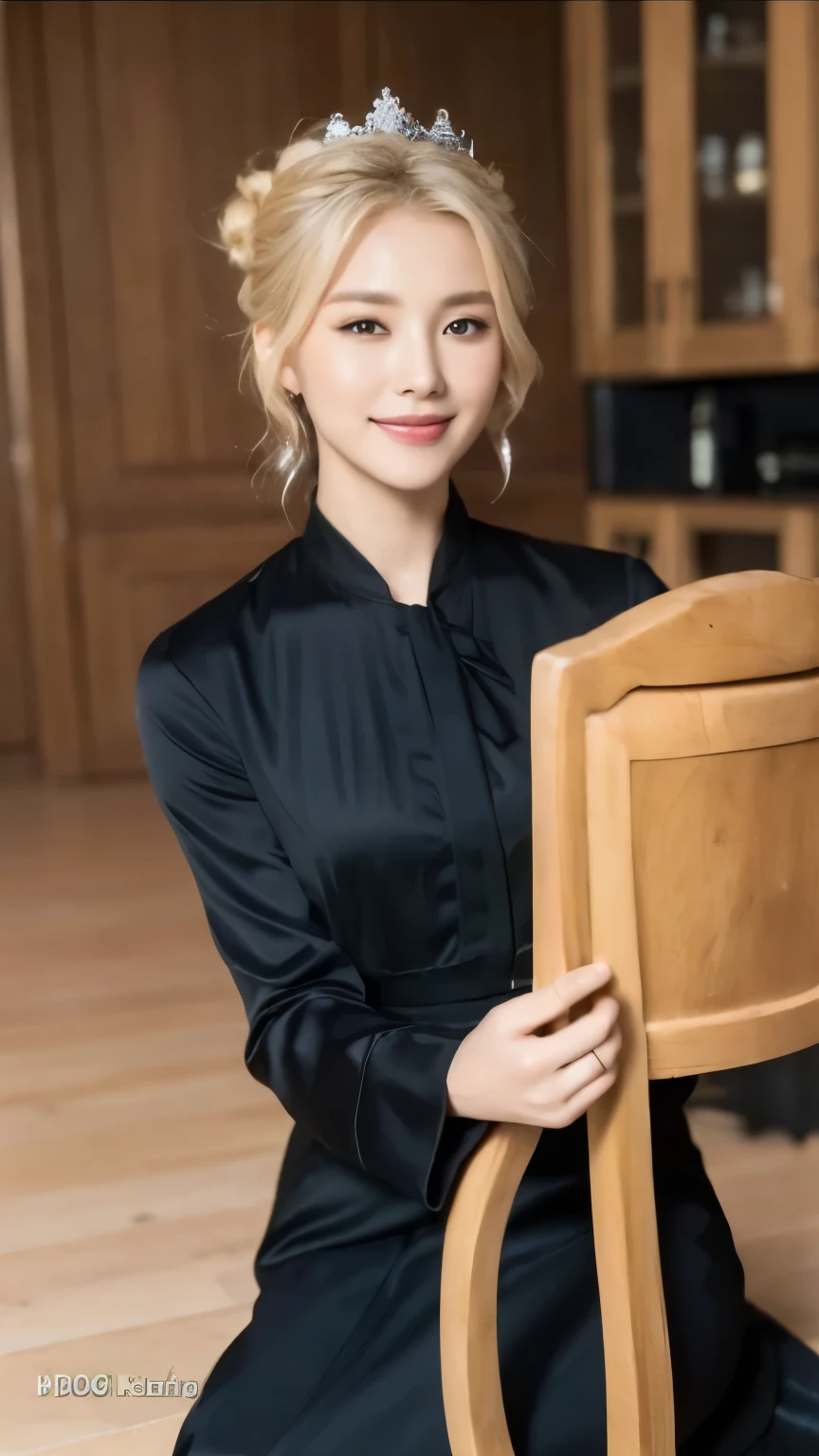 ((Midnight, Best quality, 8k, Masterpiece :1.3)), Whole body, Long legs, Sharp focus :1.2, A pretty woman with perfect figure :1.4, Slender abs :1.1, ((messy bun blonde hair, :1.2)), wearing an elegant abaya with a small crown on her head, sit on the chair, smiling at the camera, stylized hand holding chin