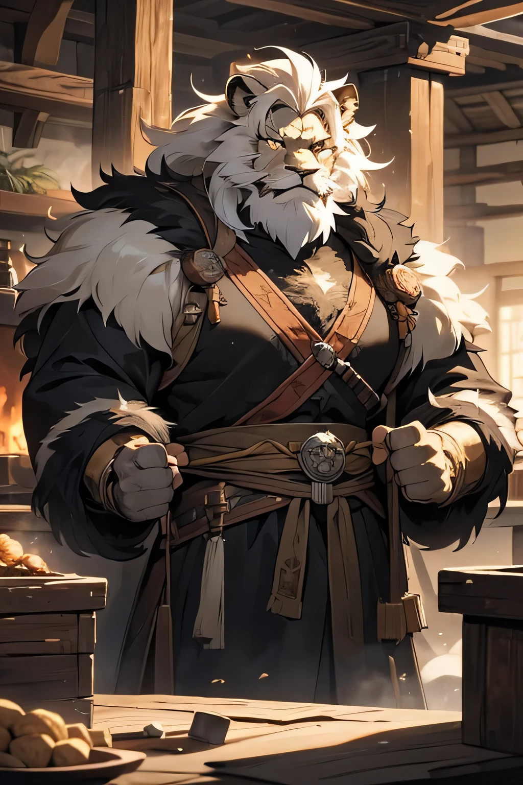 an elderly lion man with a white beard elderly old man a fictional character for a medieval RPG an RPG illustration of a lion blacksmith a lion man a man with the face of a lion a hairy black lion man a hybrid The fusion of a lion with the body with fur lion muscled blacksmith in a forge