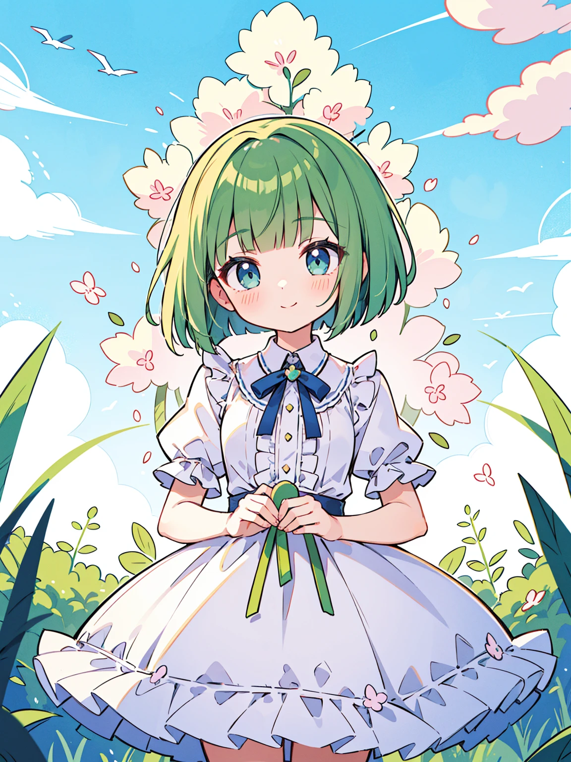 High quality, Ultra detailed, best quality, insanely detailed, masterpiece, beautiful illustrations, highest quality, pretty girl, ((very cute)), ((lovely)), ((sweet)), 1girl, standing, pastel colour, white frilled dress, blunt bangs, (Spring Green bob cut), bright lighting, sky-blue eyes, soft smile, looking at viewer