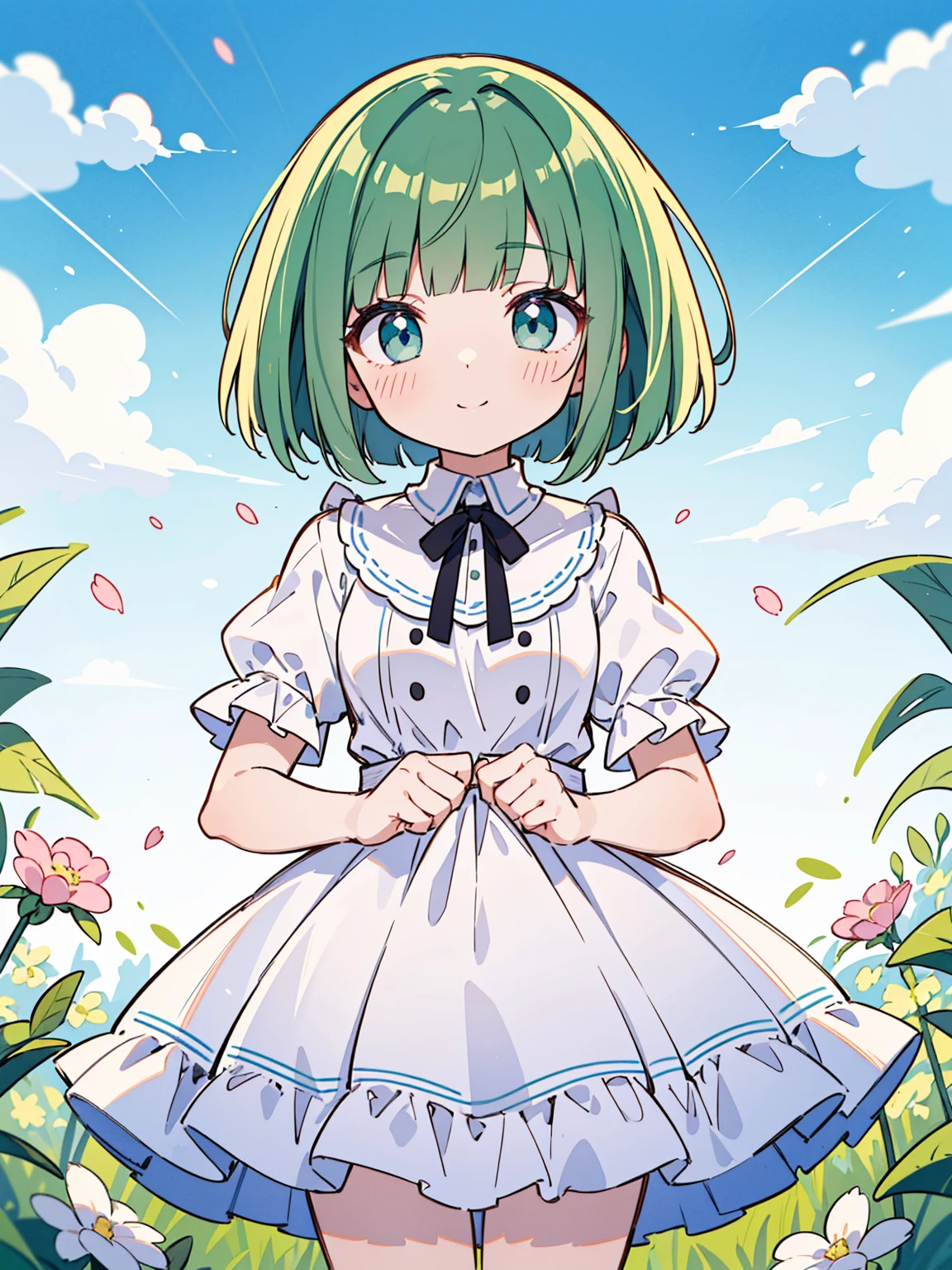 High quality, Ultra detailed, best quality, insanely detailed, masterpiece, beautiful illustrations, highest quality, pretty girl, ((very cute)), ((lovely)), ((sweet)), 1girl, standing, pastel colour, white frilled dress, blunt bangs, (Spring Green bob cut), bright lighting, sky-blue eyes, soft smile, looking at viewer