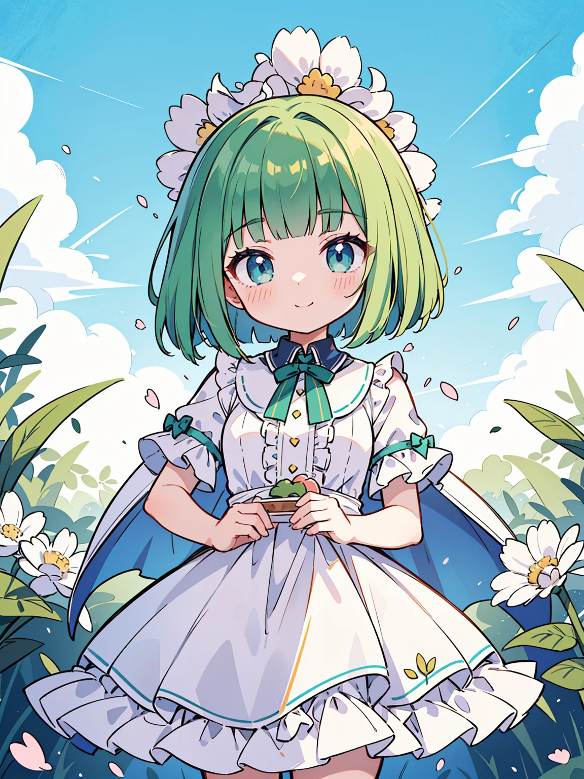 High quality, Ultra detailed, best quality, insanely detailed, masterpiece, beautiful illustrations, highest quality, pretty girl, ((very cute)), ((lovely)), ((sweet)), 1girl, standing, pastel colour, white frilled dress, blunt bangs, (Spring Green bob cut), bright lighting, sky-blue eyes, soft smile, looking at viewer