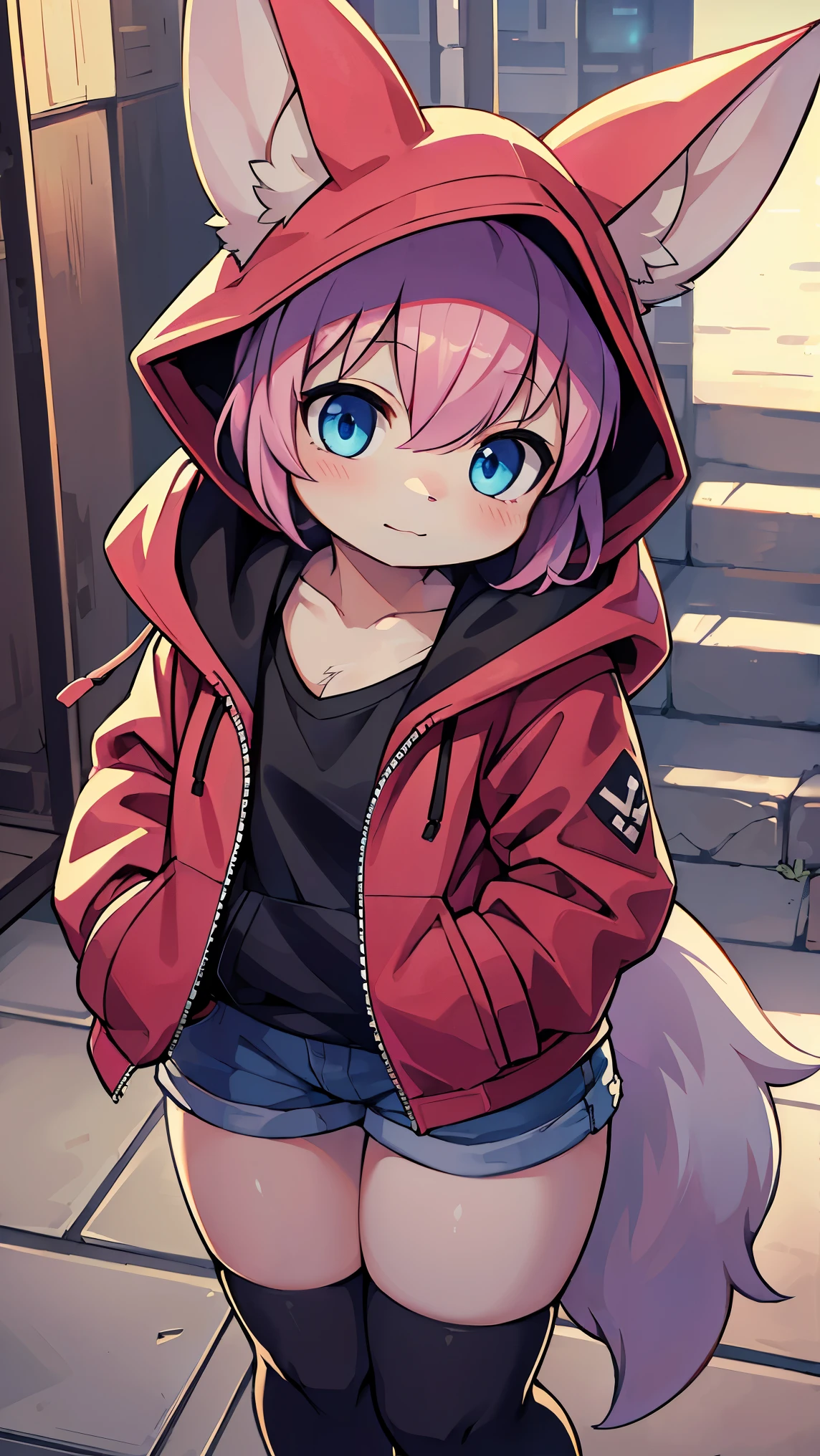 (best quality,4k,8k,highres,masterpiece:1.2),ultra-detailed,(realistic,photorealistic,photo-realistic:1.37),Kawaii, Fluffy Fox, Pink hair, Pink Eye, Blue Eye, heterochromia, Solo, Oversized Hood Jacket, knit sweater, shorts, Pink Striped thigh high Socks, Calf boots, 