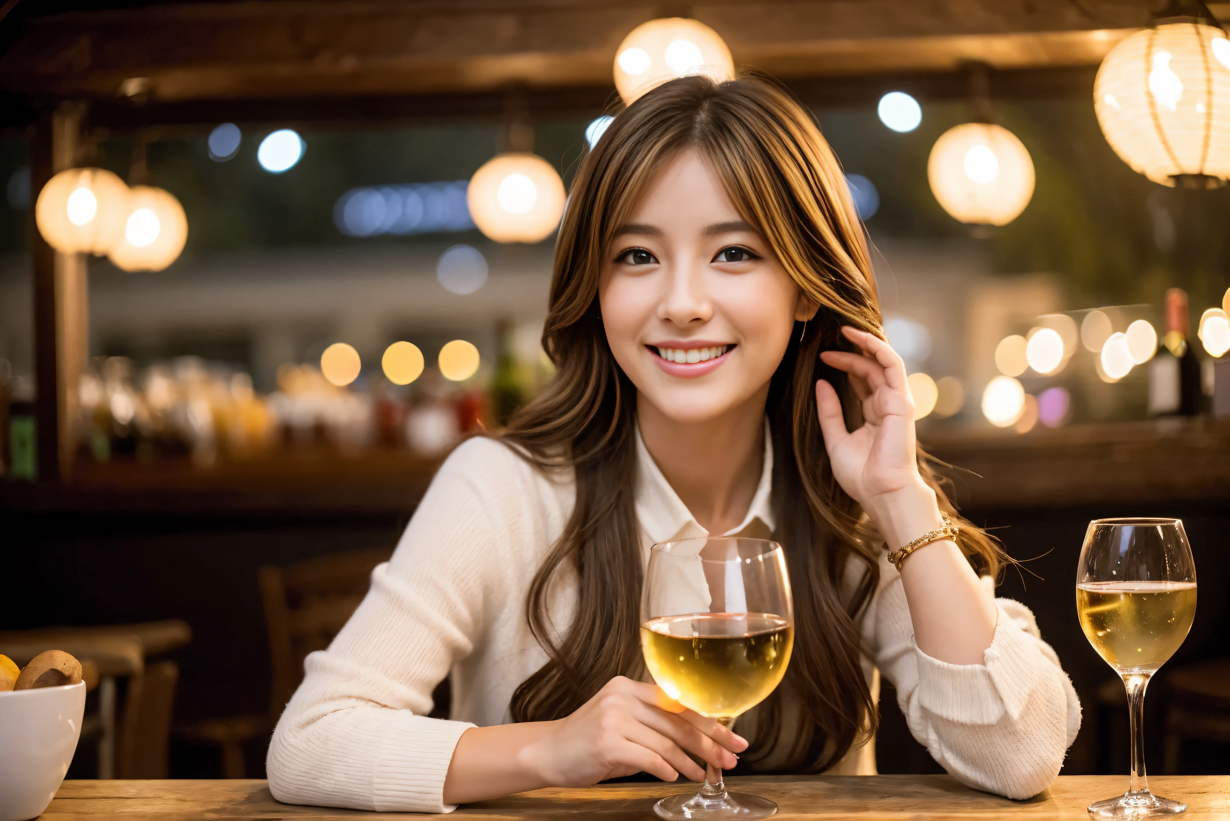 highest quality, ultra high resolution, genuine, photogenuineistic, 8K, break, Super fashion model, Japanese, (full body:1.4), break, Slim body、A bright smile、Slim beauty、highly detailed hair, shiny light brown hair, detailed face, highly detailed eyes, brown eyes, fine skin, (white skin), lip details, (smile, drunk), Natural light,Spectacular view of the sunset sky and clouds、Amazing mountain views、A lovely woman with a smile、The woman&#39;s face is bright、fox face、lady、Wine Party、hors d'oeuvre、Italian food、2 beauties、brown hair、shortcut、long sleeve shirt、winter fashion、dress、Japanese、Englishman、Dutch、German、Belgian、Italian、French,wine bottle、hors d'oeuvre、Champagne、sparkling wine、Pretty Woman 1, (slim face), (Because I&#39;m slender), (brown hair), (shortcut), cheeks turn a little red, (40 years old), 38 years old, attractive beauty、, A beautiful and detailed night view spreads out outside the window.........., restaurant, sitting in a wine glass, At night, in a prominent place (from the waist up) nova frog style, actress, model, Upper body, White wine, slim, wine glass, very beautiful night view, wine glass placed in the middle, Smile, (smile: 1.15), beautiful small eyes, 