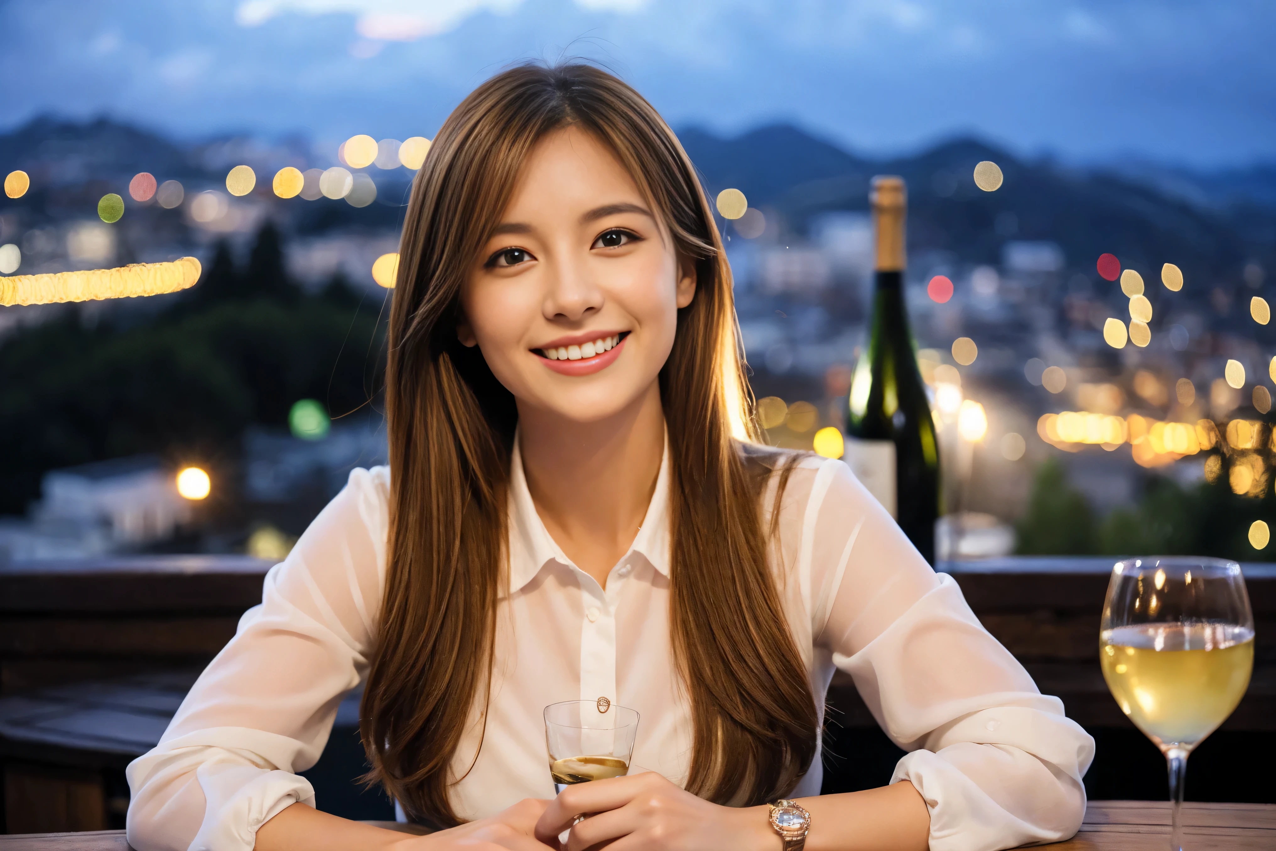 highest quality, ultra high resolution, genuine, photogenuineistic, 8K, break, Super fashion model, Japanese, (full body:1.4), break, Slim body、A bright smile、Slim beauty、highly detailed hair, shiny light brown hair, detailed face, highly detailed eyes, brown eyes, fine skin, (white skin), lip details, (smile, drunk), Natural light,Spectacular view of the sunset sky and clouds、Amazing mountain views、A lovely woman with a smile、The woman's face is bright、fox face、lady、Wine Party、hors d'oeuvre、Italian food、2 beauties、brown hair、shortcut、long sleeve shirt、winter fashion、dress、Japanese、Englishman、Dutch、German、Belgian、Italian、French,wine bottle、hors d'oeuvre、Champagne、sparkling wine、Pretty Woman 1, (slim face), (Because I'm slender), (brown hair), (shortcut), cheeks turn a little red, (40 years old), 38 years old, attractive beauty、, A beautiful and detailed night view spreads out outside the window.........., restaurant, sitting in a wine glass, At night, in a prominent place (from the waist up) nova frog style, actress, model, Upper body, White wine, slim, wine glass, very beautiful night view, wine glass placed in the middle, Smile, (smile: 1.15), beautiful small eyes,