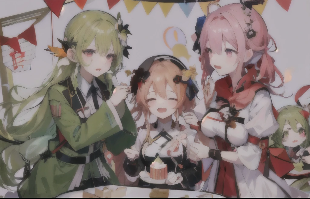 anime characters holding a cake with candles in a box, happy!!!, celebrating a birthday, anime of friend of wisdom, happy birthday, hidari and vlop, by Kamagurka, doki doki literature club, loputyn and matcha, by Shingei, from girls frontline, eating cakes, puce and vermillion, from overlord
