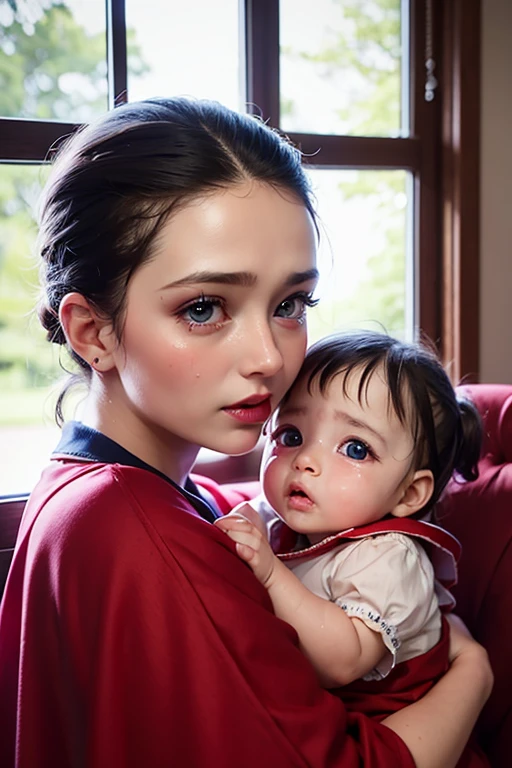 A bbaby with big blue eyes,crying by the window,shshe is wearing a red gown,pink lips,vvery cute,no wrinkles,detailed face.