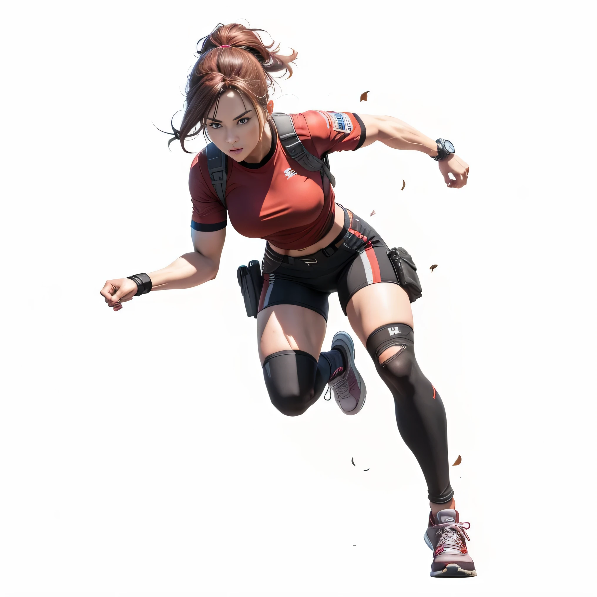 (best quality,8k,highres,masterpiece:1.2),ultra-detailed,realistic:1.37,a woman in a red shirt and black shorts running, running posture, anime girl running, muscular sweat Laura Croft, main character 👀:8, video game character, dynamic active running posture, main character, girl running, video game character art, Chevelle, 3D rendering character art