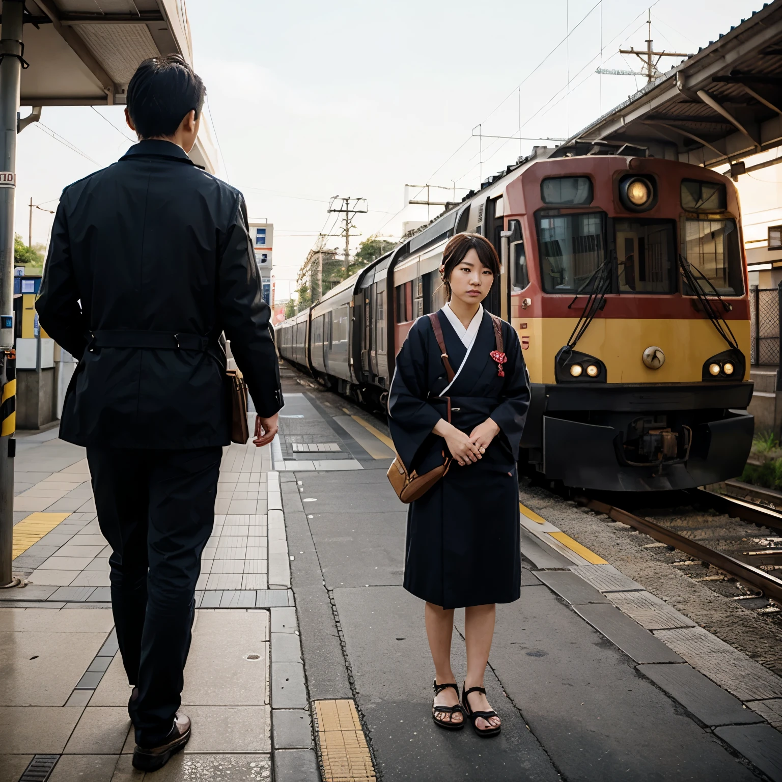 The Japanese is at the station, staring at the passing train.
