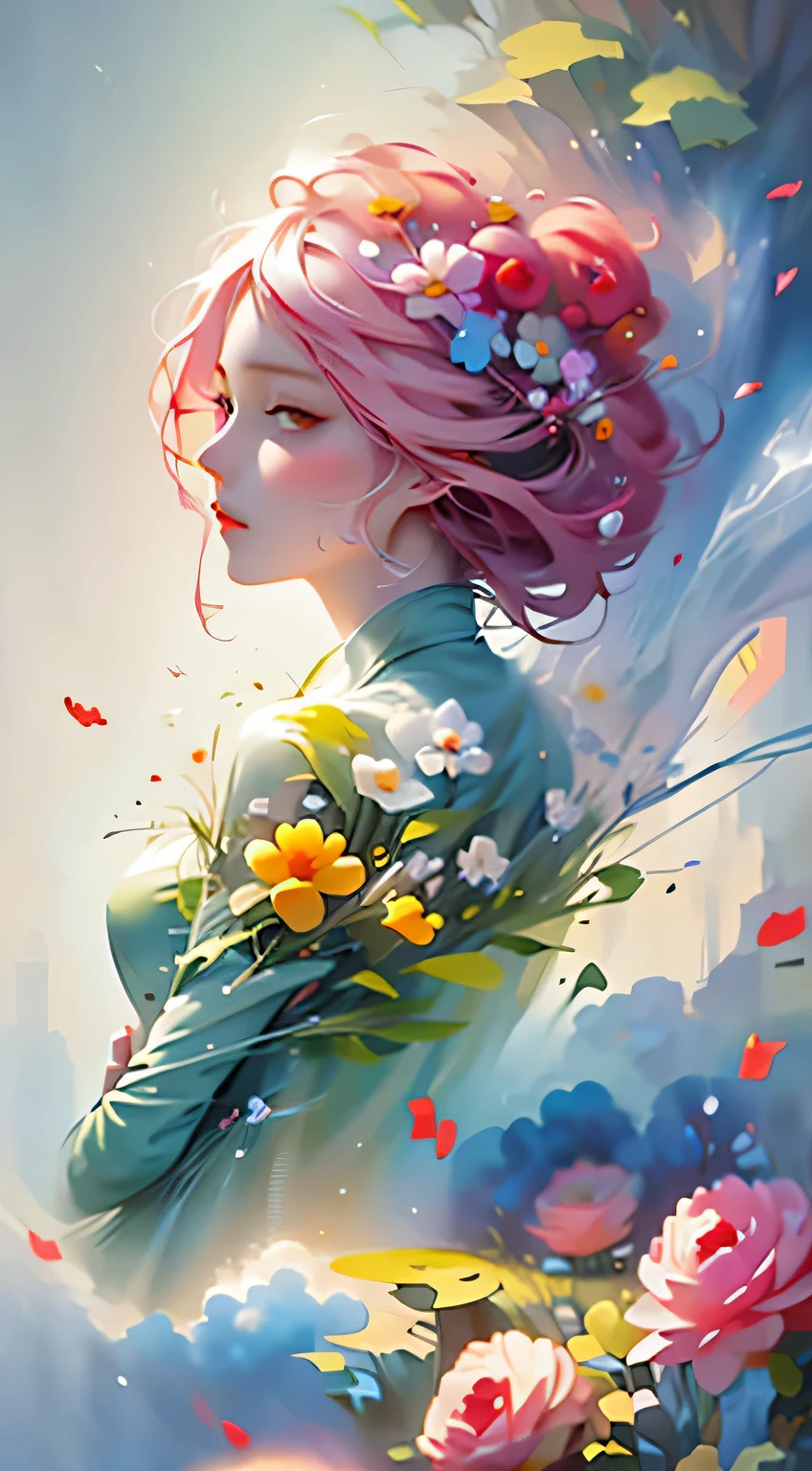 official art，unity 8k wallpaper，Super detailed，Beauty and Aestheticasterpiece，best quality，（tangled，mandala，tangled，entangled），（Fractal art：1.3），1 girl，pink hair，green eyes，The content is very detailed，Dynamic angle，cow boy shooting，Chaos in its most beautiful form，elegant，brutalist design，Bright colors，，James Jean，Robbie Devi Antonio，Ross Tran，French bacon，Michael Mraz，Adrian Genius，Petra Cortright，Gerhard Richter，Takato Yamamoto，Ashley Wood，Atmospheric，notes of ecstasy，Streaming notes are visible