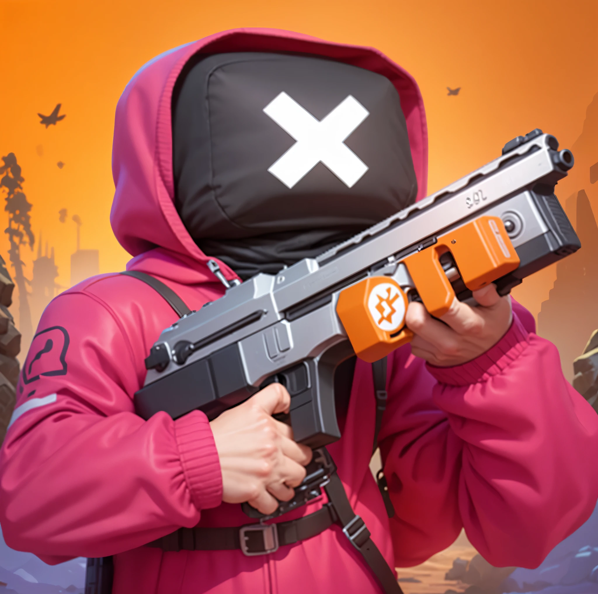 Photo of a man holding a gun, armed, fps shooting game, game icon, Blockchain, epic art style, first person shooting, Headless, 3000 years, Year 3 0 0 0, 3D icons for mobile games, crazy, 3rd person shooter, Profile picture 1024px, stylized art, next generation