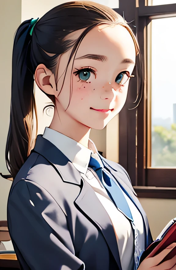 highest quality、realistic、Japanese、girl、zoom、look up、cute、green eyes、Pigtails、freckles、chestnut hair、all back、The forehead is out、classroom、gray blazer、white blouse、blue tie、holding a book、A big smile、bust shot、slender、small breasts