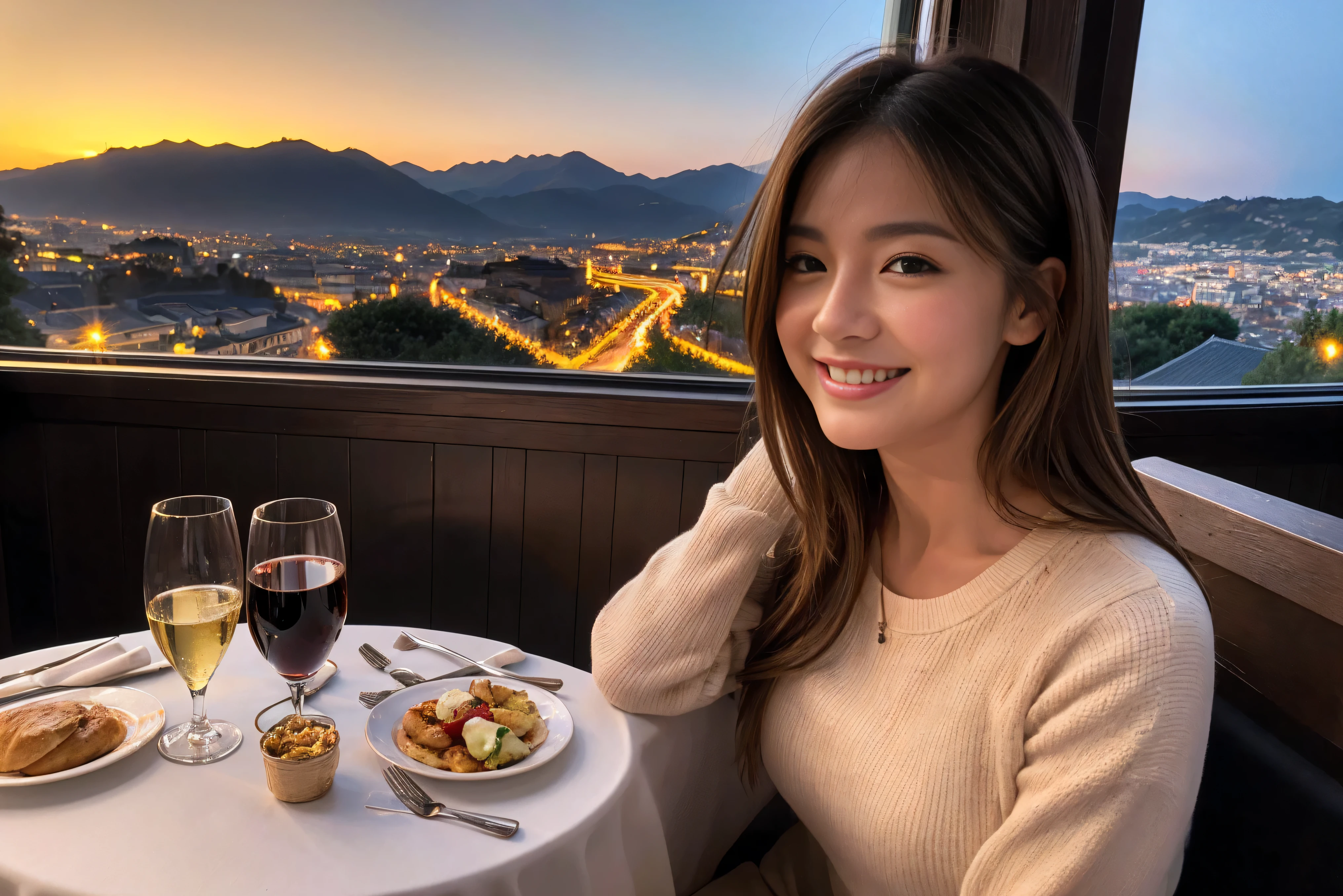 highest quality, ultra high resolution, genuine, photogenuineistic, 8K, break, Super fashion model, Japanese, (full body:1.4), break, Slim body、A bright smile、Slim beauty、highly detailed hair, shiny light brown hair, detailed face, highly detailed eyes, brown eyes, fine skin, (white skin), lip details, (smile, drunk), Natural light,Spectacular view of the sunset sky and clouds、Amazing mountain views、A lovely woman with a smile、The woman's face is bright、fox face、lady、Wine Party、hors d'oeuvre、Italian food、2 beauties、brown hair、shortcut、long sleeve shirt、winter fashion、dress、Japanese、Englishman、Dutch、German、Belgian、Italian、French,wine bottle、hors d'oeuvre、Champagne、sparkling wine、Pretty Woman 1, (slim face), (Because I'm slender), (brown hair), (shortcut), cheeks turn a little red, (40 years old), 38 years old, attractive beauty、, A beautiful and detailed night view spreads out outside the window.........., restaurant, sitting in a wine glass, At night, in a prominent place (from the waist up) nova frog style, actress, model, Upper body, White wine, slim, wine glass, very beautiful night view, wine glass placed in the middle, Smile, (smile: 1.15), beautiful small eyes,