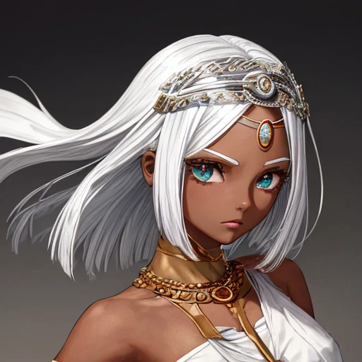 A girl with dark skin and silver bob hair showing her forehead is wearing a circlet and a white national costume.