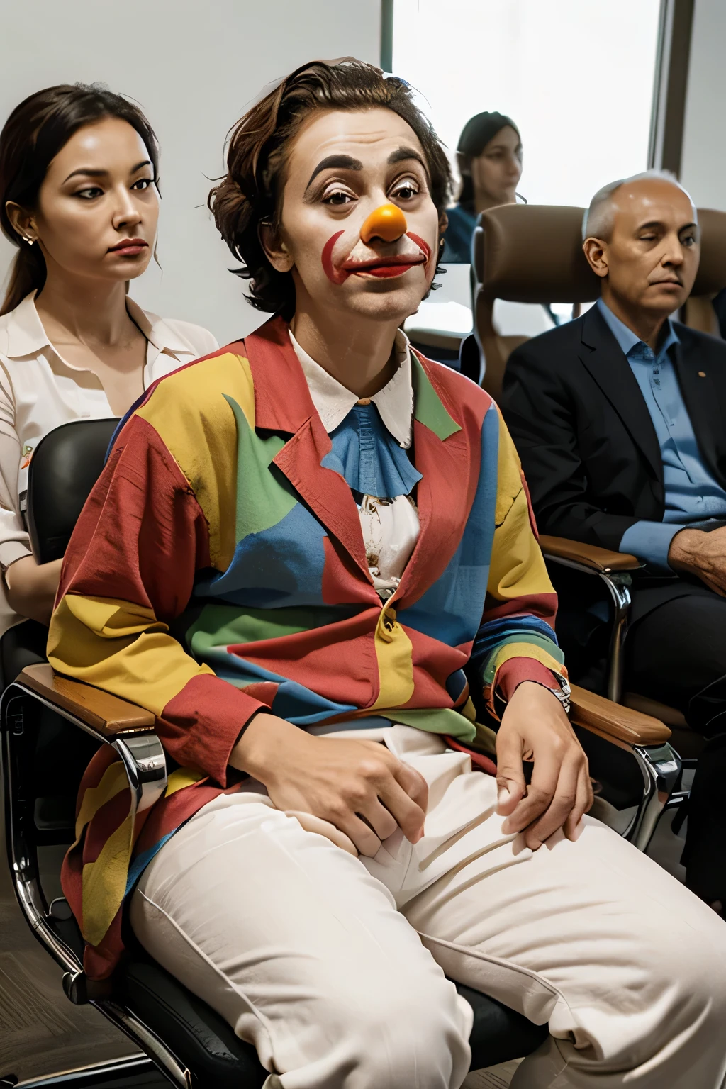 Clown in a board meeting staring at seated executives