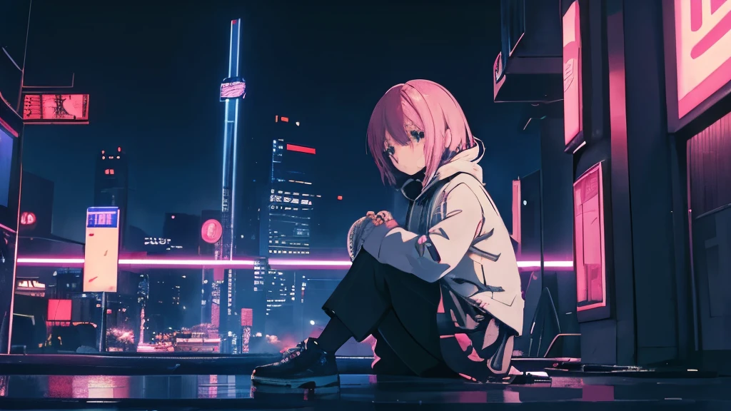 Anime girl sitting on the ground in the night city, Cyril Rowland-inspired cyberpunk art, Pixiv contest winners, digital art, Lofiatostyle, lofi girl, anime atmosphere, Lofiato, anime aesthetics, lofi girl aesthetic, Lo-fi atmosphere, lo fi art, lo-fi illustration style, 80年代のanime atmosphere