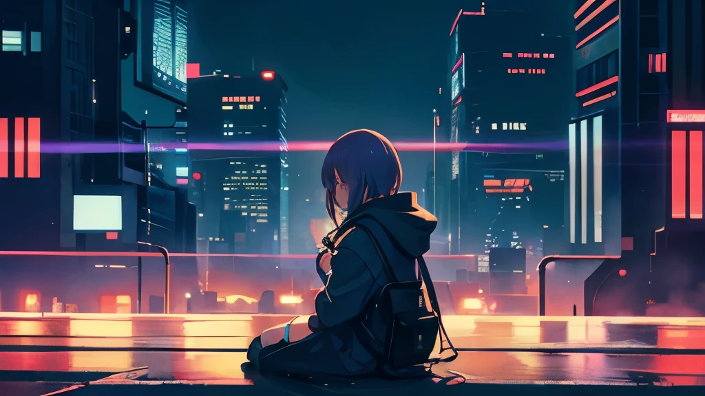 Anime girl sitting on the ground in the night city, Cyril Rowland-inspired cyberpunk art, Pixiv contest winners, digital art, Lofiatostyle, lofi girl, anime atmosphere, Lofiato, anime aesthetics, lofi girl aesthetic, Lo-fi atmosphere, lo fi art, lo-fi illustration style, 80年代のanime atmosphere