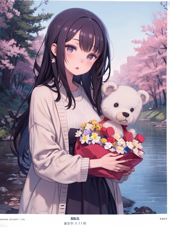 masterpiece, highest quality、Medium wide shot、cowboy shot、a girl walking on the river, mix 4, sweater, pillow, lips, Open_mouth, realistic, photograph_(Moderate), alone, Packed_animal, Packed_toy, teddy_bear,(masterpiece),(photographrealistic:1.3), Super detailed, (high definition skin:1.2),(highest quality:1.0), (ultra high resolution:1.0), (Ulzzang-6500:0.3), wavy fine hair, long hair, sunlight, (Beautiful and detailed makeup), (Sexually aroused and blushing、breathing is rough:1.0), Scattered with flower theme petals, (Flowers with a soft glow:0.5)