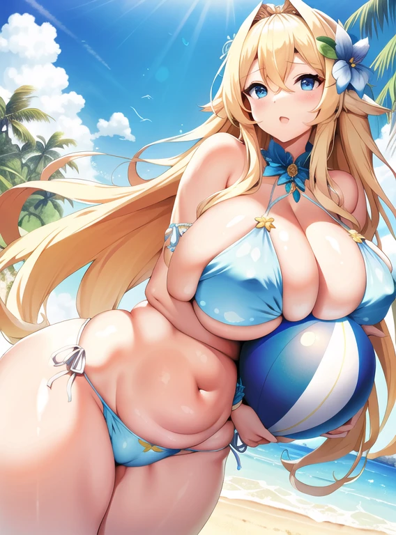 ((big breasts)) big breasts  (shining blue eyes) Blonde, white skin, long hair, bikini swimsuit, flower hair ornament、camel toe、huge tit、Nipple Puffs、cleavage、Plump、超big breasts、super big butt、beach ball