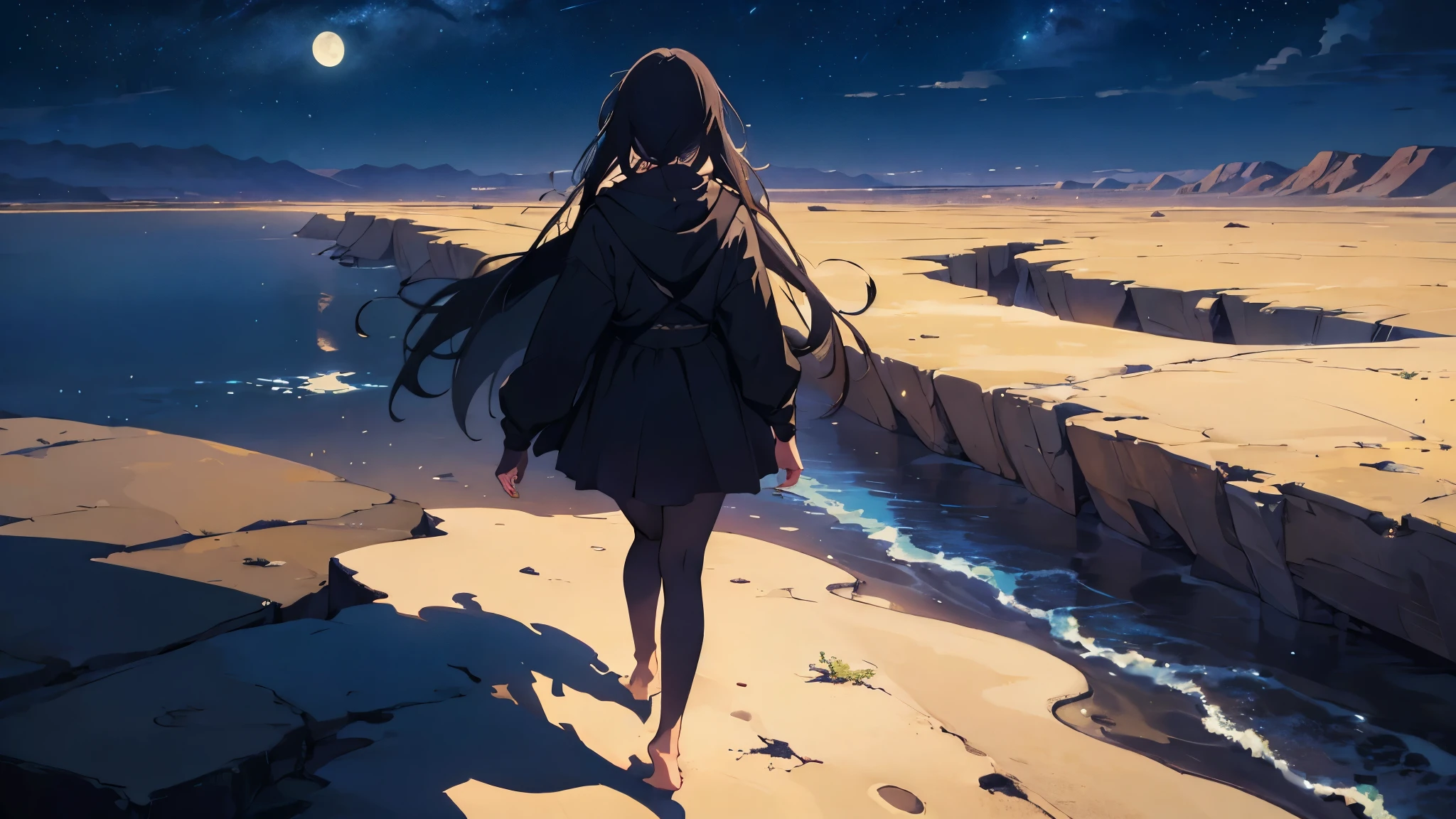 (best quality, masterpiece:1.2), detailed, desert, walk, barefoot, night, leg, sand, moonlight, serene, calm, peaceful, stars, soft breeze, vast horizon, endless expanse, stillness, solitude, tranquility, quiet, contemplative, silhouette, shadowy figures, footprints, sense of wonder, mystical, magical, ethereal, otherworldly, surreal, dream-like, mystery, adventure.