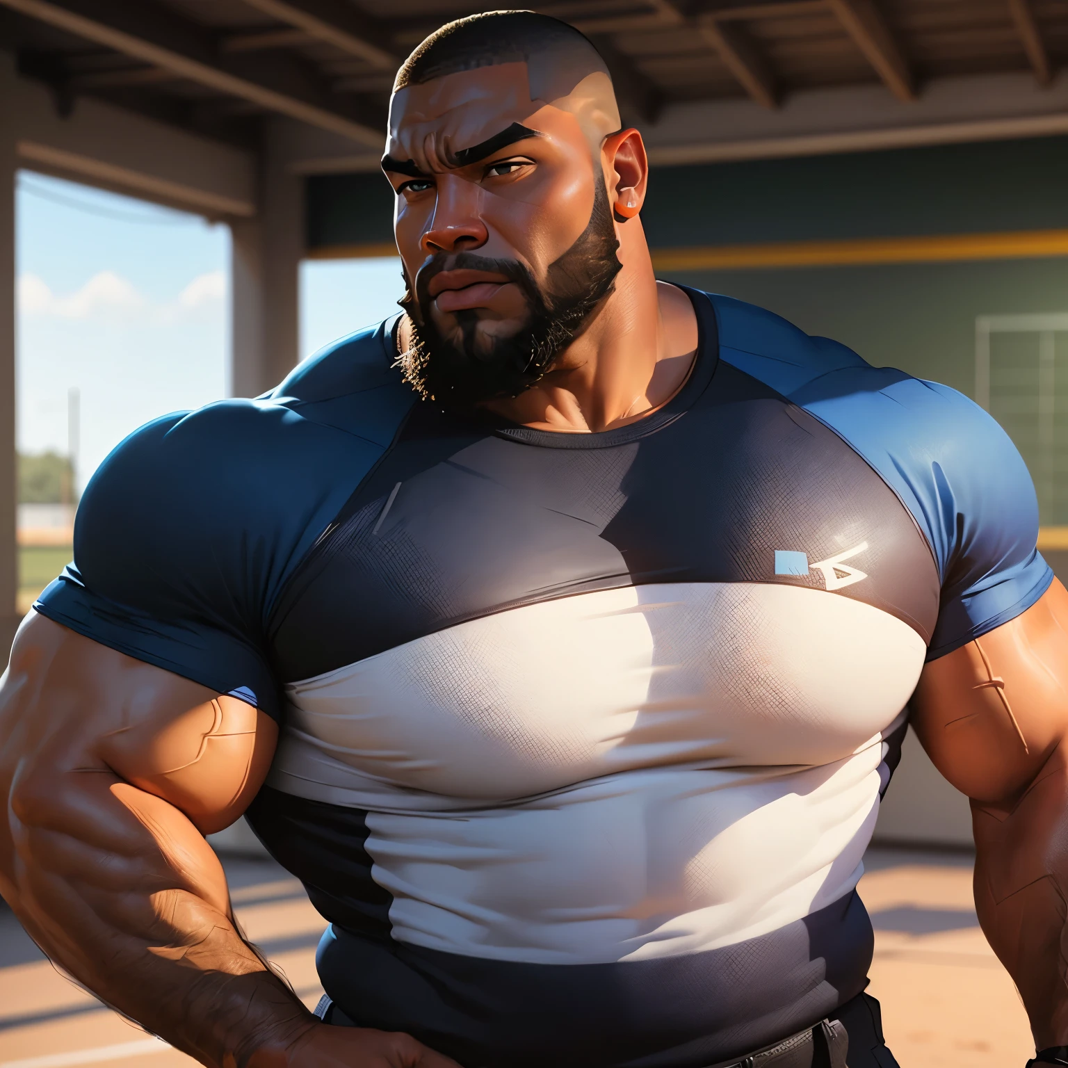 an exaggeratedly muscular and large bodyguard, beefy build, beard, dark-skinned african american male, buzzcut hair with square line, surprised expression, (wearing tight blue raglan shirt: 1.2), school team logo, (bara pecs: 1.3), (arm and chest hair: 1.1), close-up portrait HD, (baseball field)