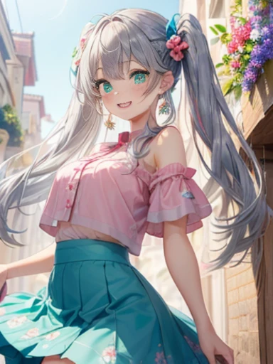 小さなgirl、The arrival of spring、thick thighs、thick thighs、 big ass、(alone:1.5,)Super detailed,bright colors, very beautiful detailed anime face and eyes, look straight, ;d, shiny_skin,girl, ((silver long hair,Inner color is red 、forehead is exposed.、green eyes、、shiny hair, delicate beautiful face, blush、(turquoise eyes), White skin, Valletta, earrings,、blue flower field、(((Floral pink outfit、Blue tight skirt)))、twin tails、smile、happy face、face dyed red