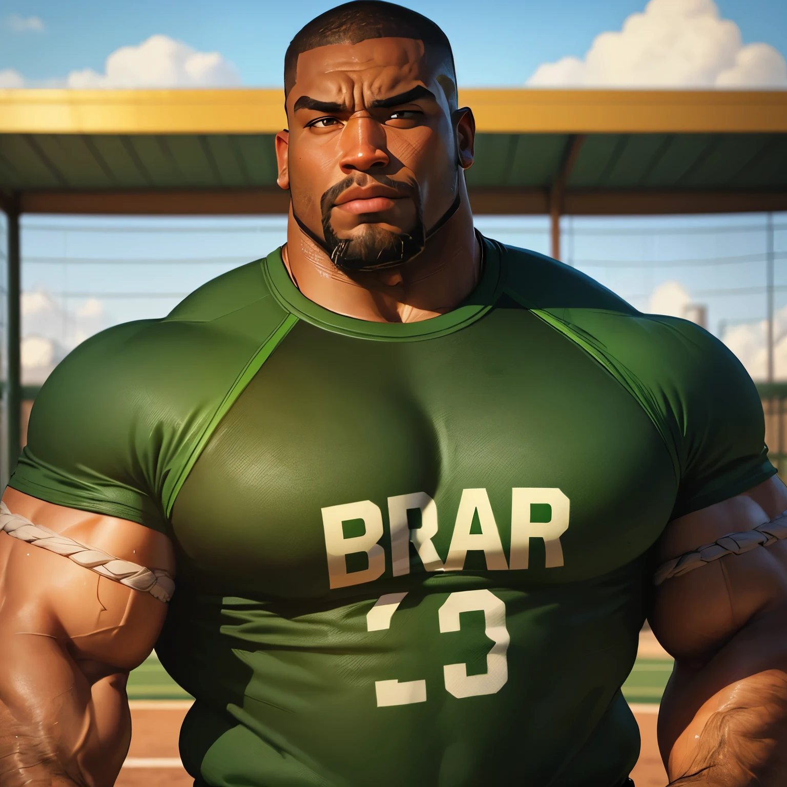 an exaggeratedly muscular and large bodyguard, beefy build, beard, dark-skinned african american male, buzzcut hair with square line, surprised expression, (wearing tight green raglan shirt: 1.2), school team logo, (bara pecs: 1.3), (arm and chest hair: 1.1), close-up portrait HD, (baseball field)