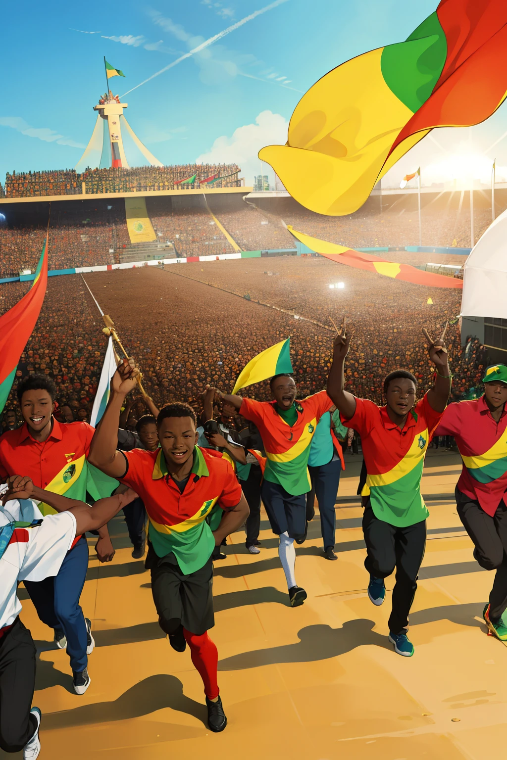 Capture the powerful image of young Cameroonians running fervently after their President of the Republic. Each person holds a Cameroon flag high in the air, symbolizing their unity, pride, and hope for a brighter future. The intense determination and sense of community emanating from the scene portray a nation striving together towards progress and shared aspirations.