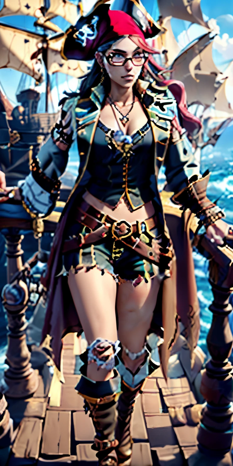 ((best quality)), ((masterpiece)), (detailed), perfect face, semi realistic woman, jewelry, belt, necklace, bracelet, earrings, pirate hat/bandana/headband, open clothes/shirt/vest/coat, tattoo, boots, gloves, Glassed, wear glasses, fullbody, looking at viewer ,standing, from above