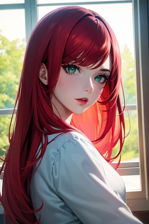 Green eyes,red hair,pink lips,detailed face,by the window