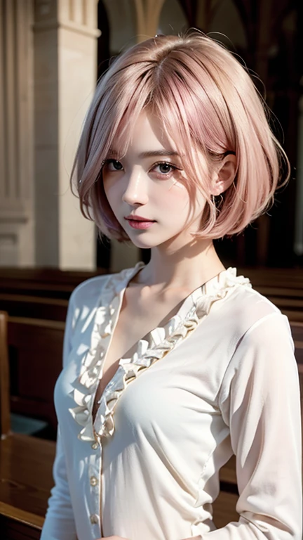 (bob cut hair, pink hair:1.2),(She is wearing a cream colored long sleeve blouse with frills on the chest..:1.2),1 girl,Japanese,21 years old,(small breasts:1.3),(highest quality,masterpiece:1.3,超A high resolution,),(Super detailed,caustics),(Photoreal:1.4,RAW shooting,)ultra-realistic capture,very detailed,High resolution 16K human skin close-up。 natural skin texture、,The pores are、、、、、、、、、Must be detailed enough to be easily identified。 Skin should look even-toned and healthy。 Use natural light and color, sad expression, look at the camera, perfect dynamic composition, inside the church