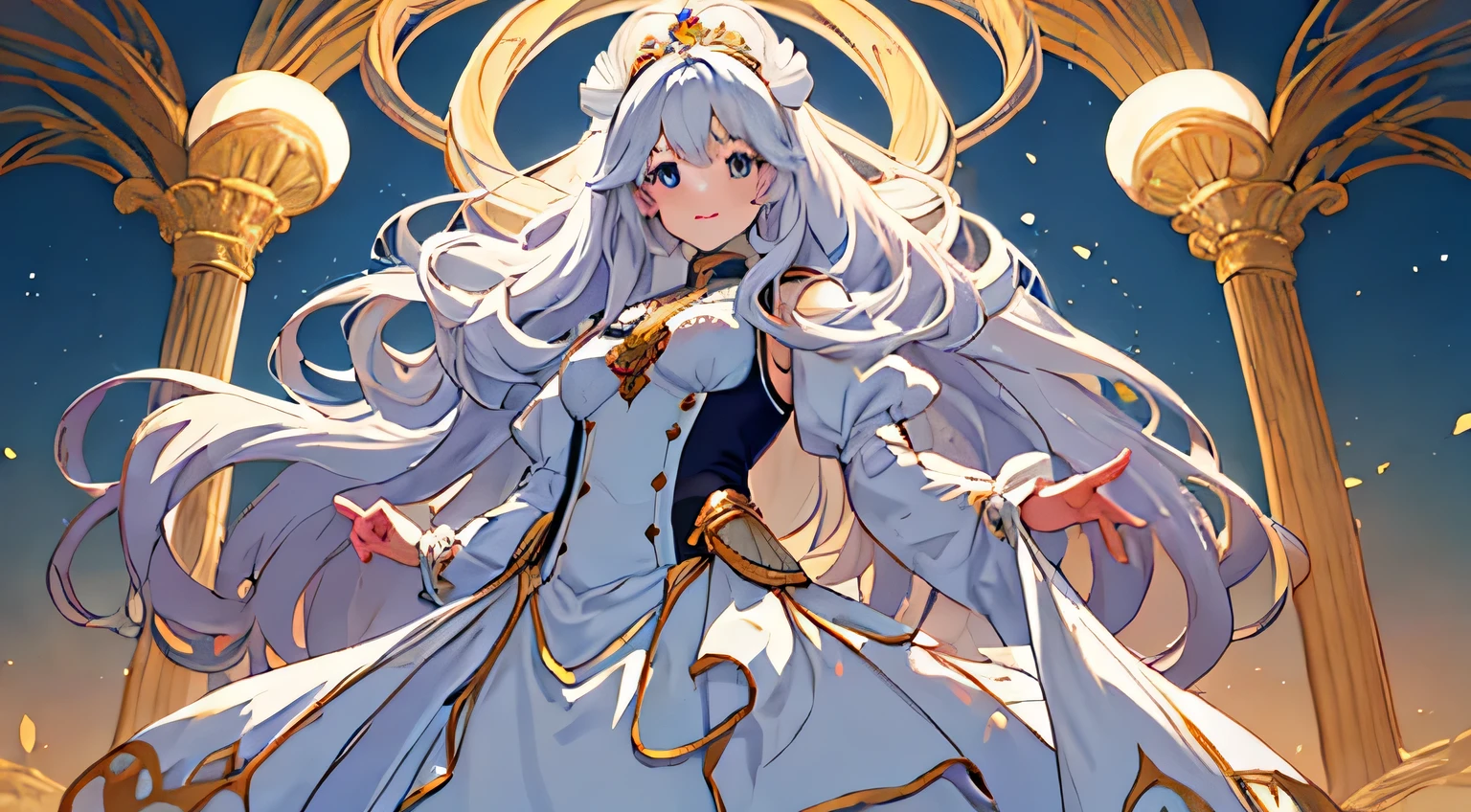 Personagem de anime, garota, beautiful long hair down to the floor, usando um vestido na altura da coxa, vestido de manga comprida, cabelo branco, rosto bonito, Olhos azuis claros, 8k resolution, Qualidade HD, partes do corpo muito detalhadas, corpo todo, Standing posture, sorrindo docemente