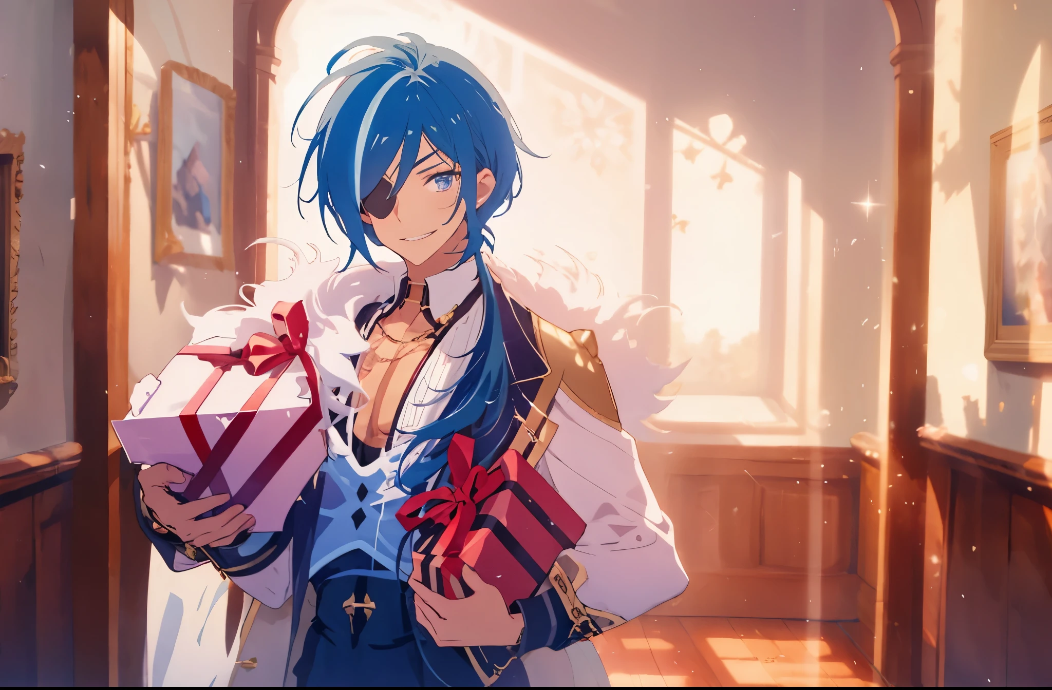 extremely delicate and beautiful, Amazing, finely detail, masterpiece, ultra-detailed, highres,best illustration, best shadow,intricate,sharp focus, high quality, 1 male solo, mature, handsome, tall muscular guy, broad shoulders, blue hair, blue right eye, eyepatch, blue and white clothes,  high quality, anime screenshot, ((holding 2 gift boxes in his hands)), inside an old mansion, big happy smile