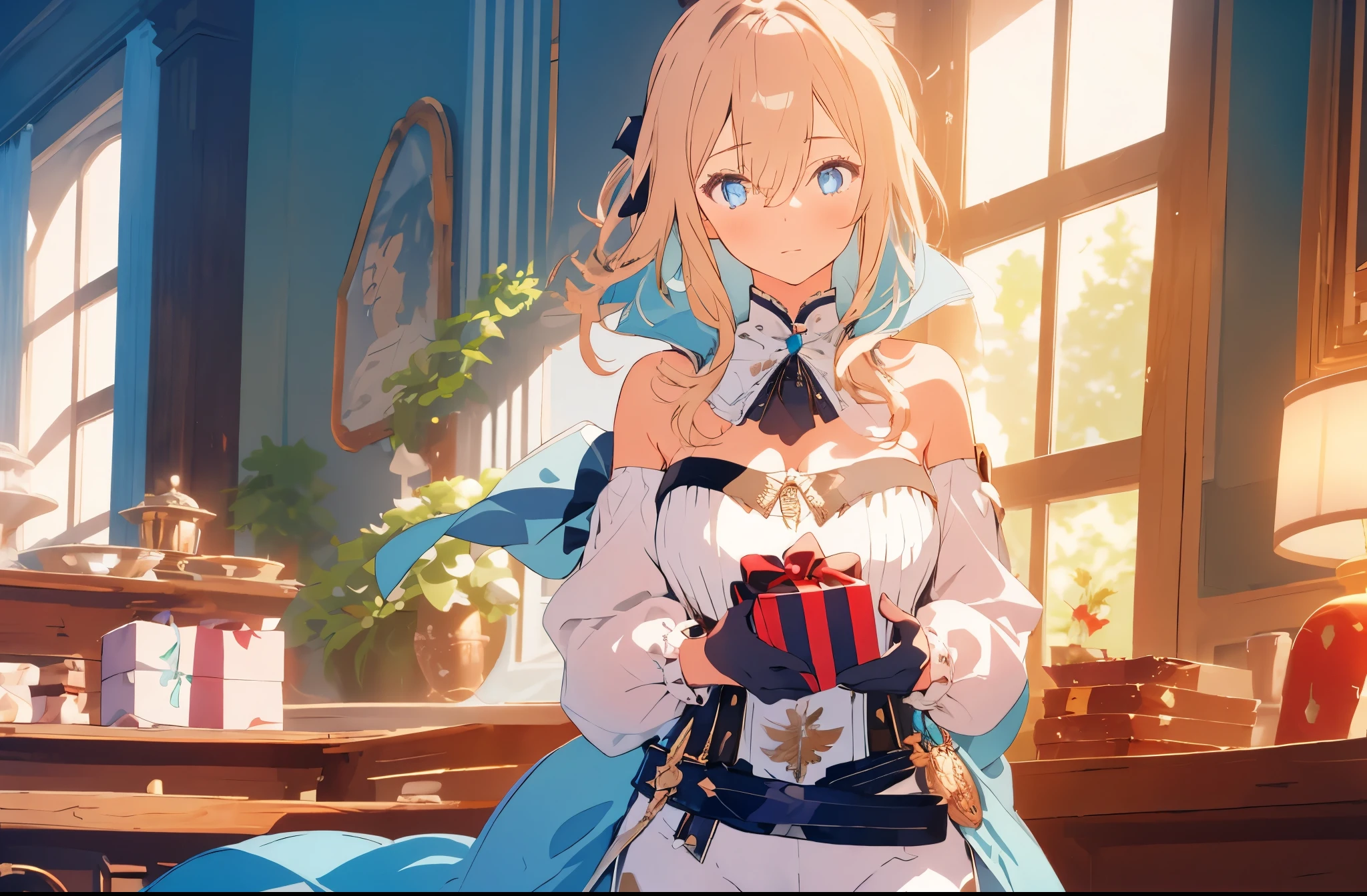 ((masterpiece,best quality)),(negative space:1.4),(1girl, solo:1.4),beautiful detailed blue eyes, blond ponytail hair, long white pants, black and white corset top. bare shoulders, blue cape, dark blue belt, white collar, black gloves, ((holding a present gift box in her hands)) inside an old mansion