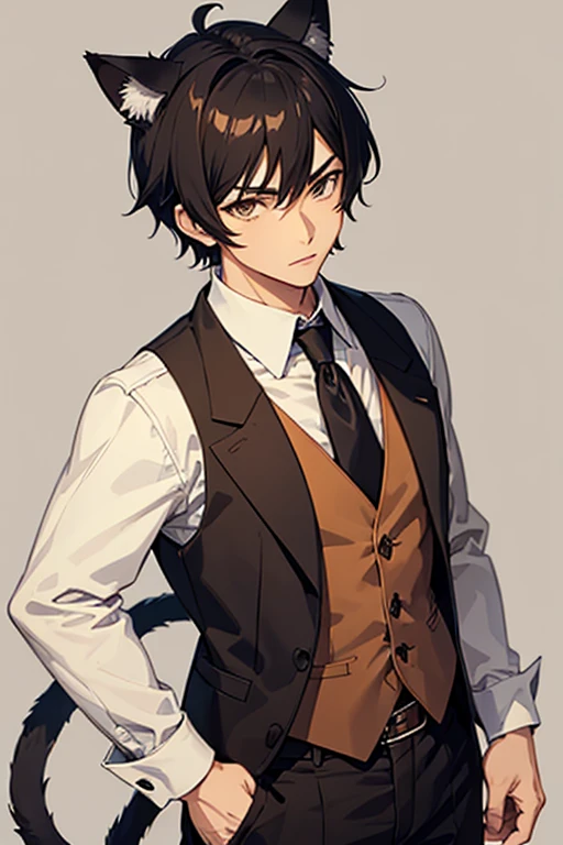 Man, anime, wearing a brown vest suit, has cat ears and tail, wearing leather shoulder holster, black hair, brown eyes, short hair style, best quality, vintage background