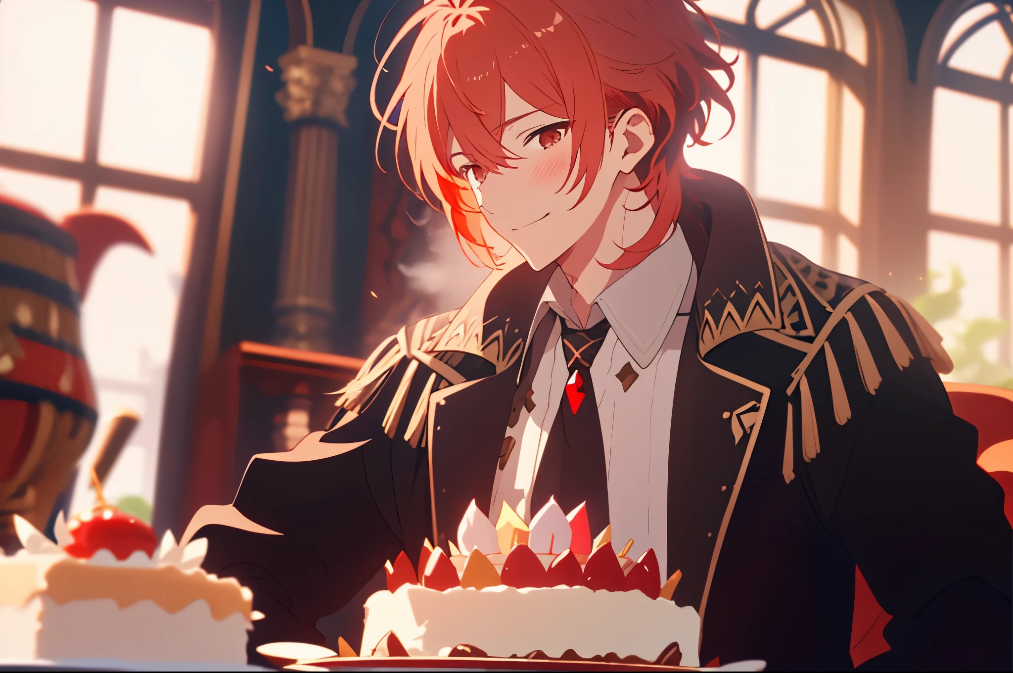 ((Best quality)), ((masterpiece)), (detailed),  ((perfect face)) 1 male solo, mature, handsome, tall muscular guy, broad shoulders, diluc (genshin impact), red hair, brown coat, brown pants, black tie with red crystal, dramatic light, cinematic shot, birthday cake, shy smile, blushing,  anime screenshot