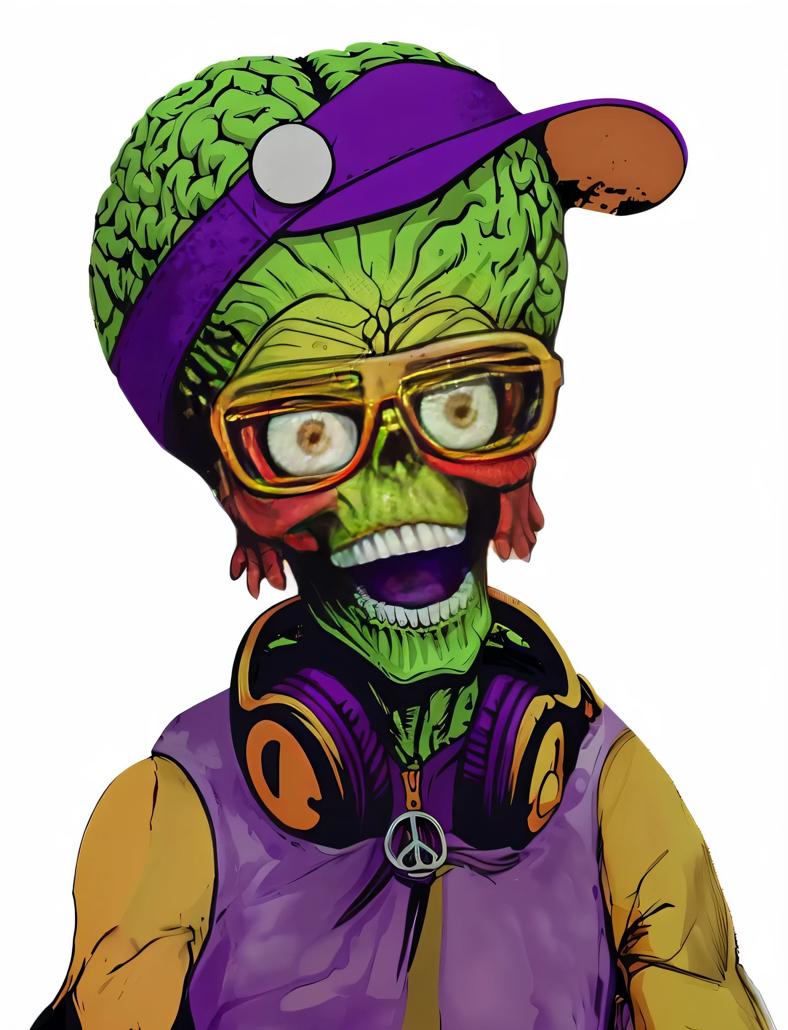 Close-up shot of cartoon zombie wearing headphones and hat, Alien musicians, Psychedelic Hip-Hop, Psychedelic Hip-Hop, Portrait of a funky skeleton, Kind Alien, Psychedelic Organic, Muppet Punk, space alien, inspired by Stan Stokes, Full color digital illustration, 80s alien technology, alien atmosphere, When Mars strikes, official artwork