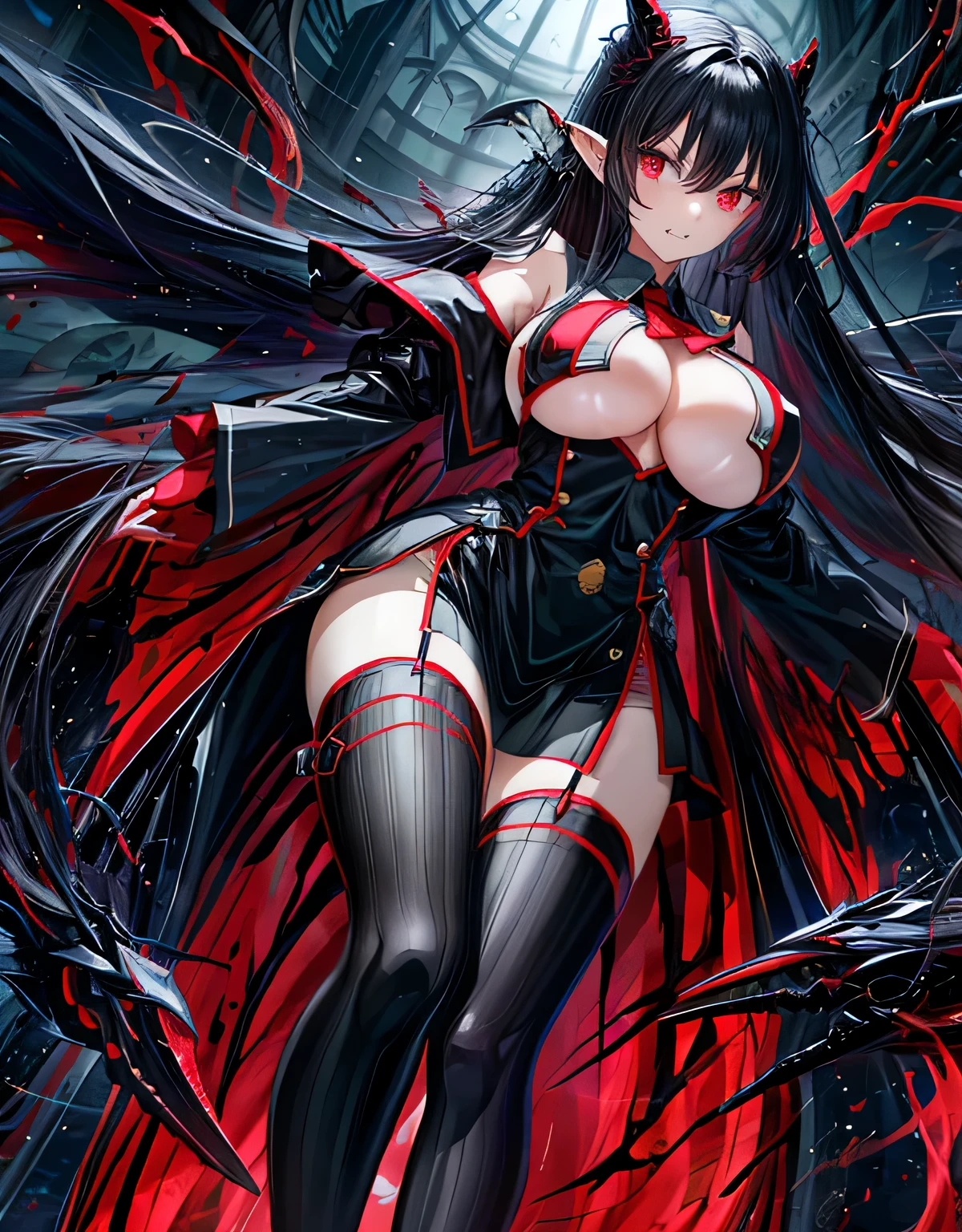 Big breasts, fair and clear skin, beauty, long legs, black hair detail,, red eyeball color, one girl, long hair, fangs, uniform, ((((side boobs)))), knee socks, ((revealing clothing))