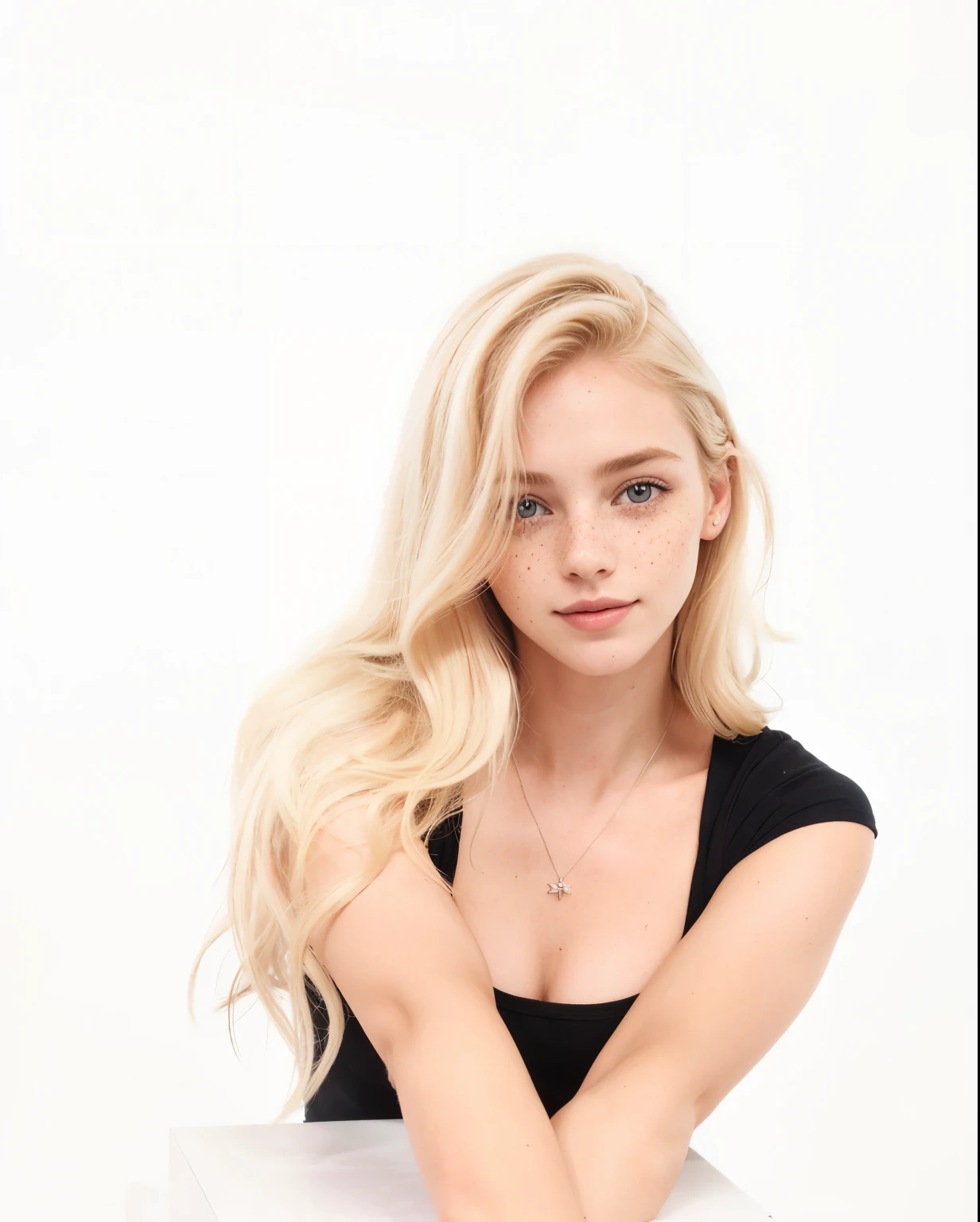 mulher, americana, 25 anos, pale skin and freckles, olhos cinzas, nariz delicado, soft and delicate lips, longo, cabelo blondie longo e ondulado na altura da cintura, sorriso meigo, face with delicate feminine facial features, altamente renderizado