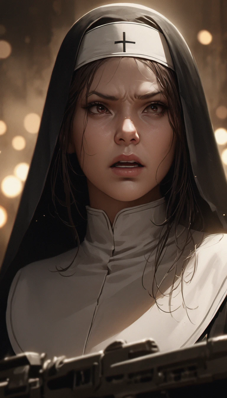 (realistic, highres, masterpiece:1.2), cinematic scene from a movie, nun with a machine gun, wearing a black habit, shooting with determination and precision, eyes fierce and full of anger, intense and furious expression, adding a touch of film grain for a gritty feel, shallow depth of field to focus on the nun's face, creating a beautiful bokeh effect in the background.