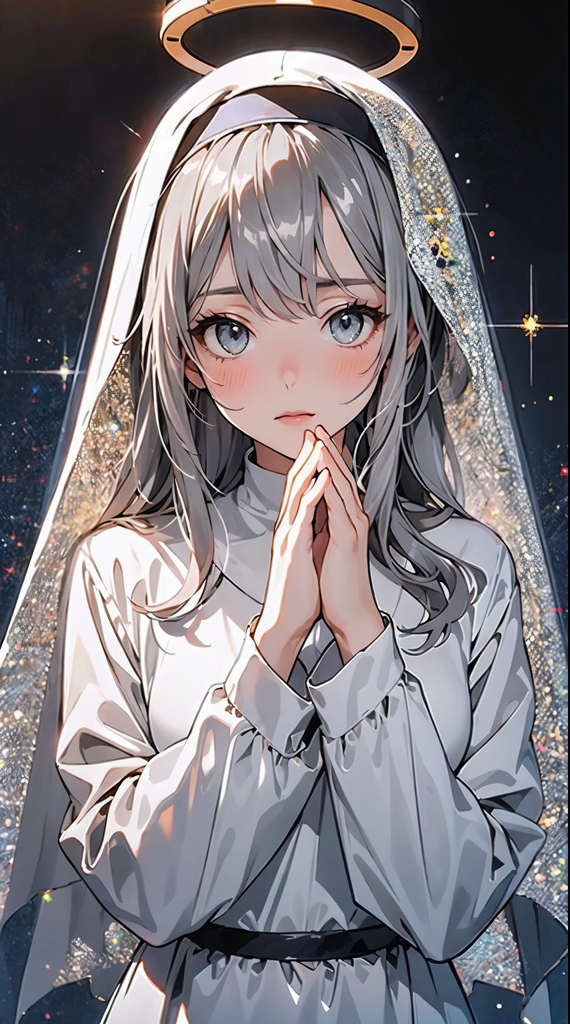 nun, portrait, 1girl, solo, nun, upper body, long sleeves, blush, habit, own hands together, long hair, looking at viewer, closed mouth, halo, bangs, dress, grey eyes, black dress, sparkle, hands up, grey hair, veil 