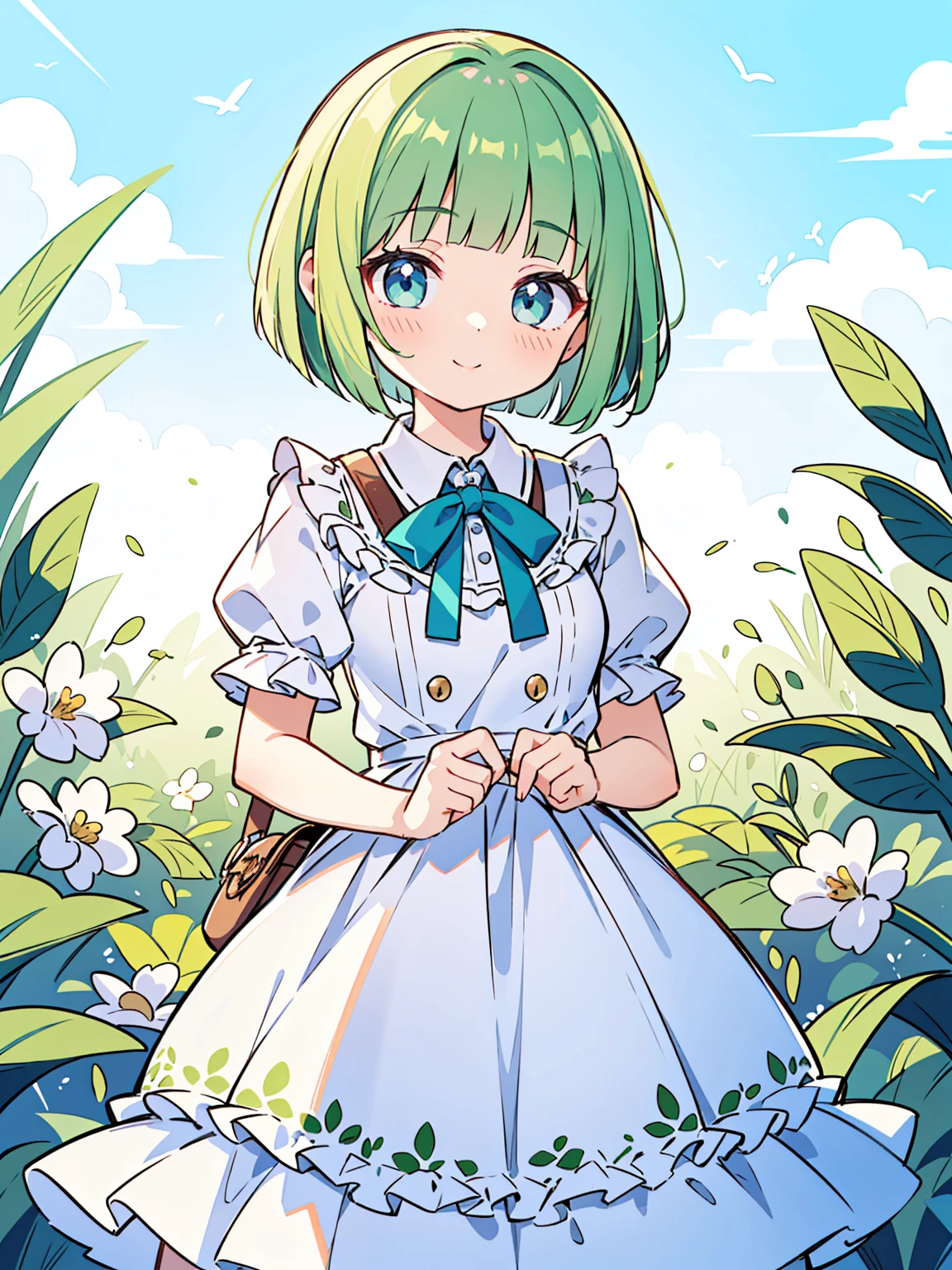 High quality, Ultra detailed, best quality, insanely detailed, masterpiece, beautiful illustrations, highest quality, pretty girl, ((very cute)), ((lovely)), ((sweet)), 1girl, standing, pastel colour, white frilled dress, blunt bangs, (Spring Green bob cut), bright lighting, sky-blue eyes, soft smile, looking at viewer