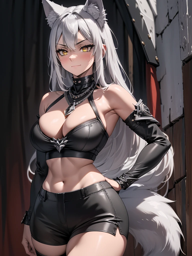 8K, Full body portrait, single young woman, especially detailed face, masterpiece, wallpaper, highlydetailed face, ultra-detailed face, beautiful and aesthetic wolf tailed girl, athletic fit body, big breasts, curvy, long hair, gray-silver hair, a young wolf woman, wolf ears, cute wolf tail, long wolf tail, silver fur tail, wolf-like irises, beautiful, enchanting, bright yellow eyes, detailed eyes, ultra-detailed eyes, accurate eyes, detailed irises, correct body proportions, elegant, small vertical scar under right eye, small rosy lips, big breasts, slender elegant arms, pretty hands, detailed hands, charming, slight blush, smug smile, black edgpshorts with stylish metal chains and a black top, detached sleeves, light black armor, armored bike shorts, two piece outfit, black armored fur cloack, black metal armor, bare off shoulders, toned abs, exposed belly, standing pose, hands on hips pose, cute pose, black thighigh on left leg, sole girl