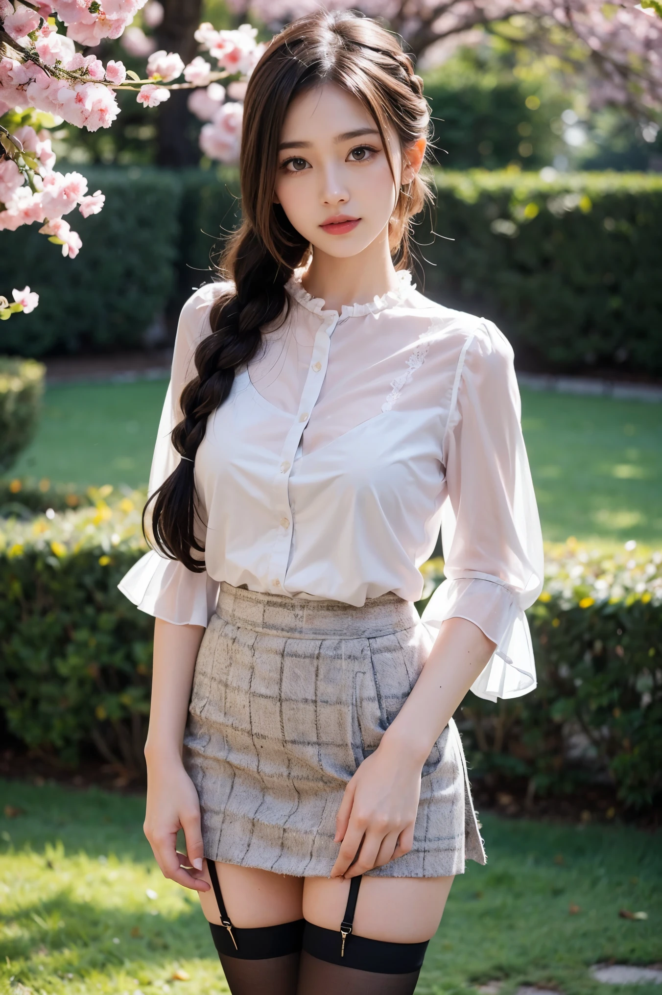 Masterpiece, Best Quality, Very Detailed, 8k, Photorealistic, soft focus, beautiful detailed eyes, detailed face, double eyelid, 1girl, solo, beautiful skin, real human skin, close-up to Face shot, Half-body, beautiful firm breasts,mature body, 18 years old girl, beautiful girl, Japanese idol, (french braid:1.3), brown hair, BREAK, (light pink sheer lawn ruffle sleeve blouse:1.3), BREAK, (tweed skirt:1.3), BREAK,(shiny mesh stockings), Gentle smile,in a Japanese garden, standing position, model pose, NSFW,put both hands behind one's back